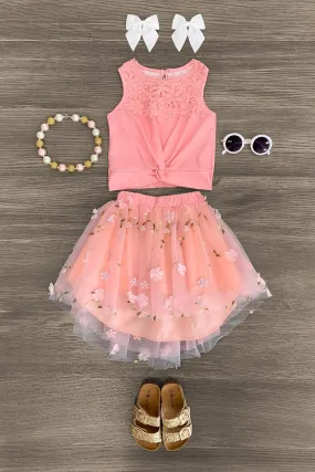 Pink Floral Tulle Hi-Low Skirt Set