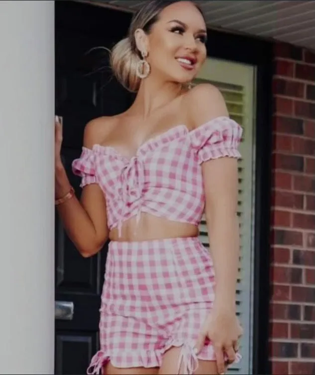 Pink Gingham Bardot Co Ord Set