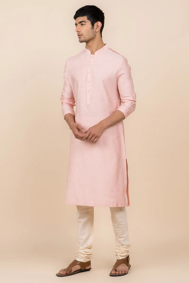 Pink Jacquard Kurta Set In Jaal Pattern