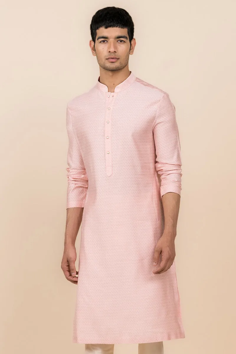 Pink Jacquard Kurta Set In Jaal Pattern