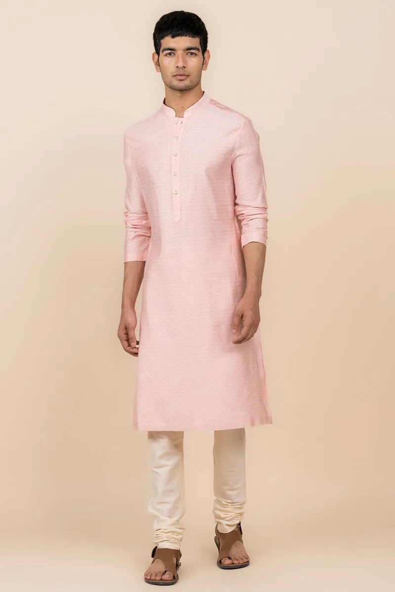 Pink Jacquard Kurta Set In Jaal Pattern