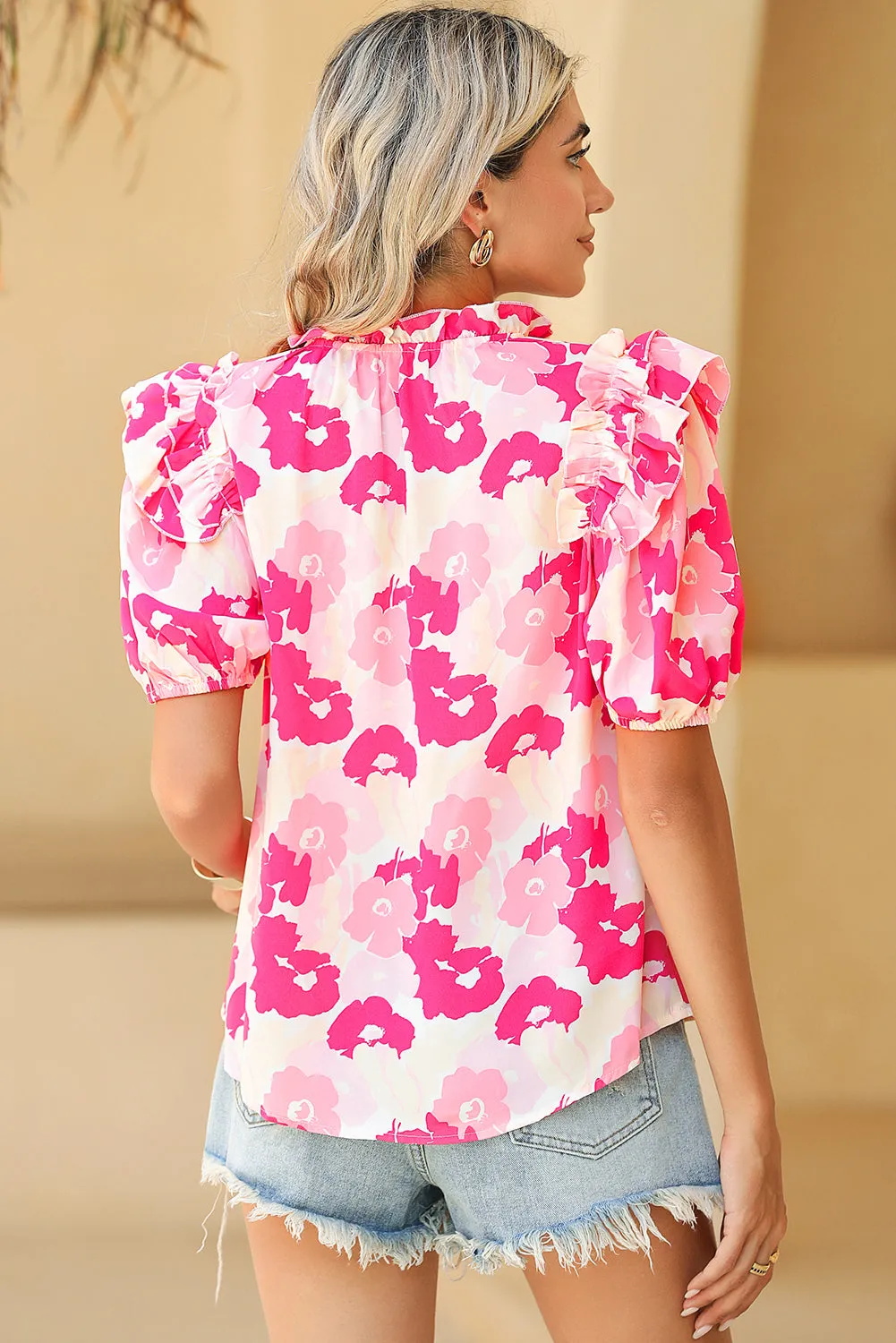 Pink Split Neck Ruffled Puff Sleeves Floral Top