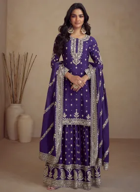 Purple Embroidery Designer Sharara Suit