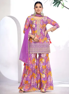 Purple Golden Mirror Work Embroidery Gharara Suit