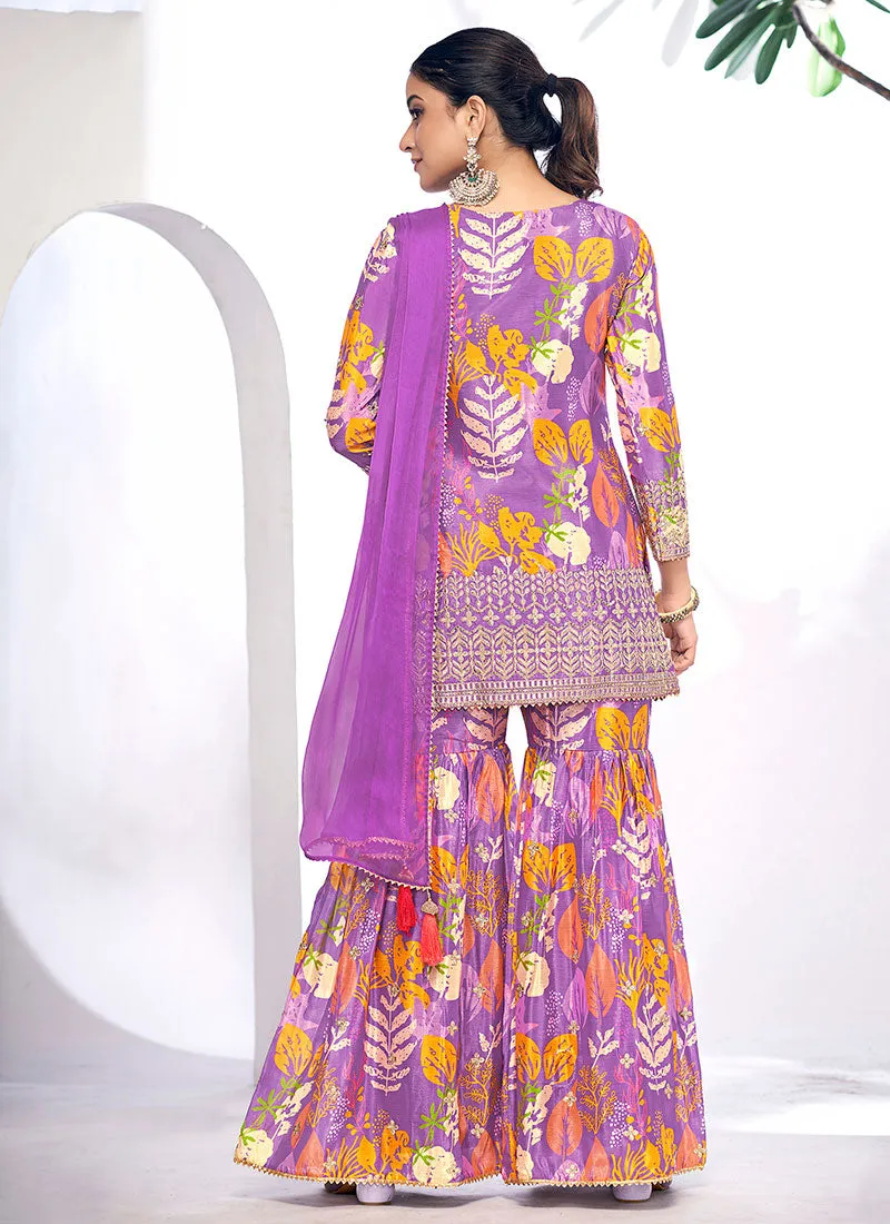 Purple Golden Mirror Work Embroidery Gharara Suit