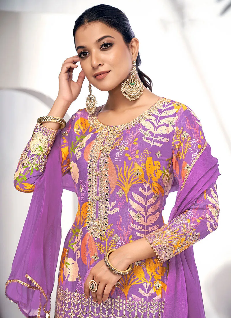 Purple Golden Mirror Work Embroidery Gharara Suit