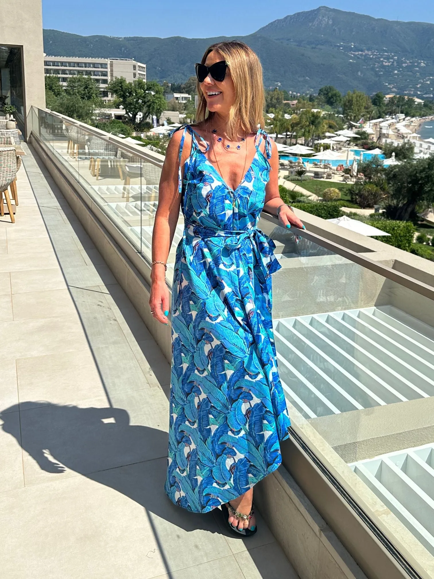 "BEACH TO BAR" DRESS IN BLUE BANANA LEAF