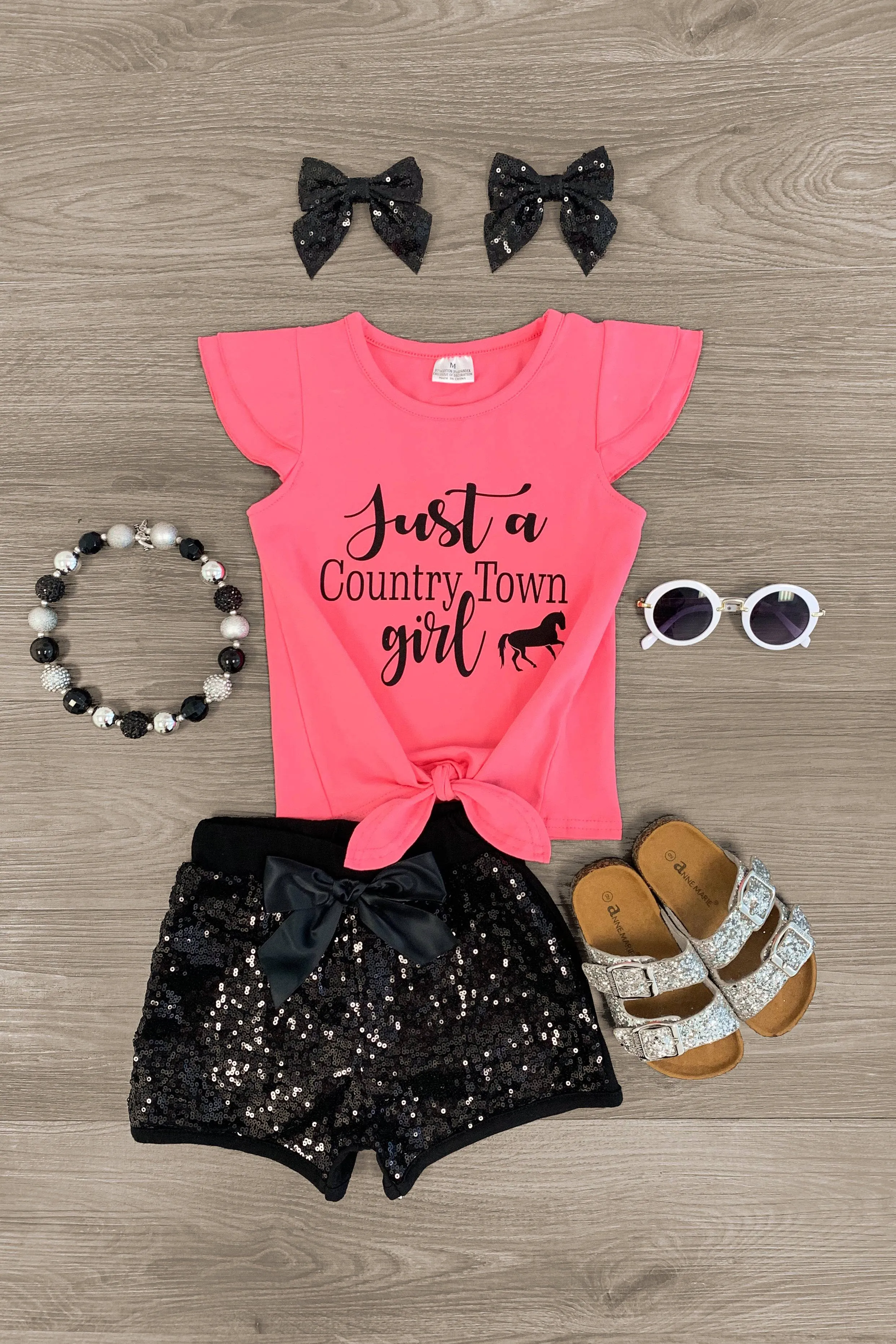 "Just A Country Town Girl" Black & Pink Short Set