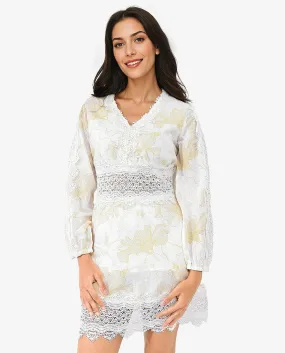 Rareism Women Fiscella Pastel Yellow Cotton Fabric Regular Sleeves V-Neck Abstract Print Regular Length Dress