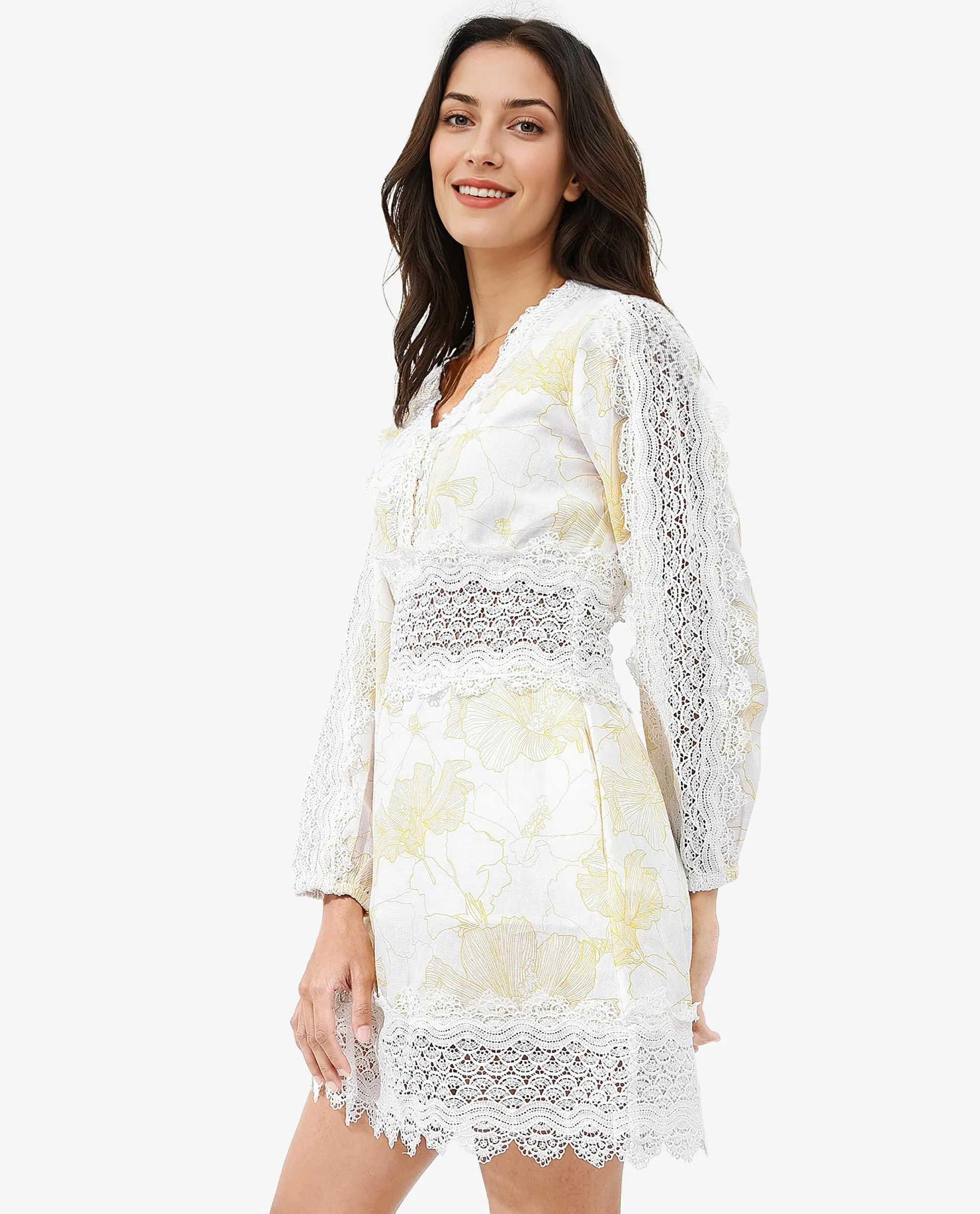 Rareism Women Fiscella Pastel Yellow Cotton Fabric Regular Sleeves V-Neck Abstract Print Regular Length Dress