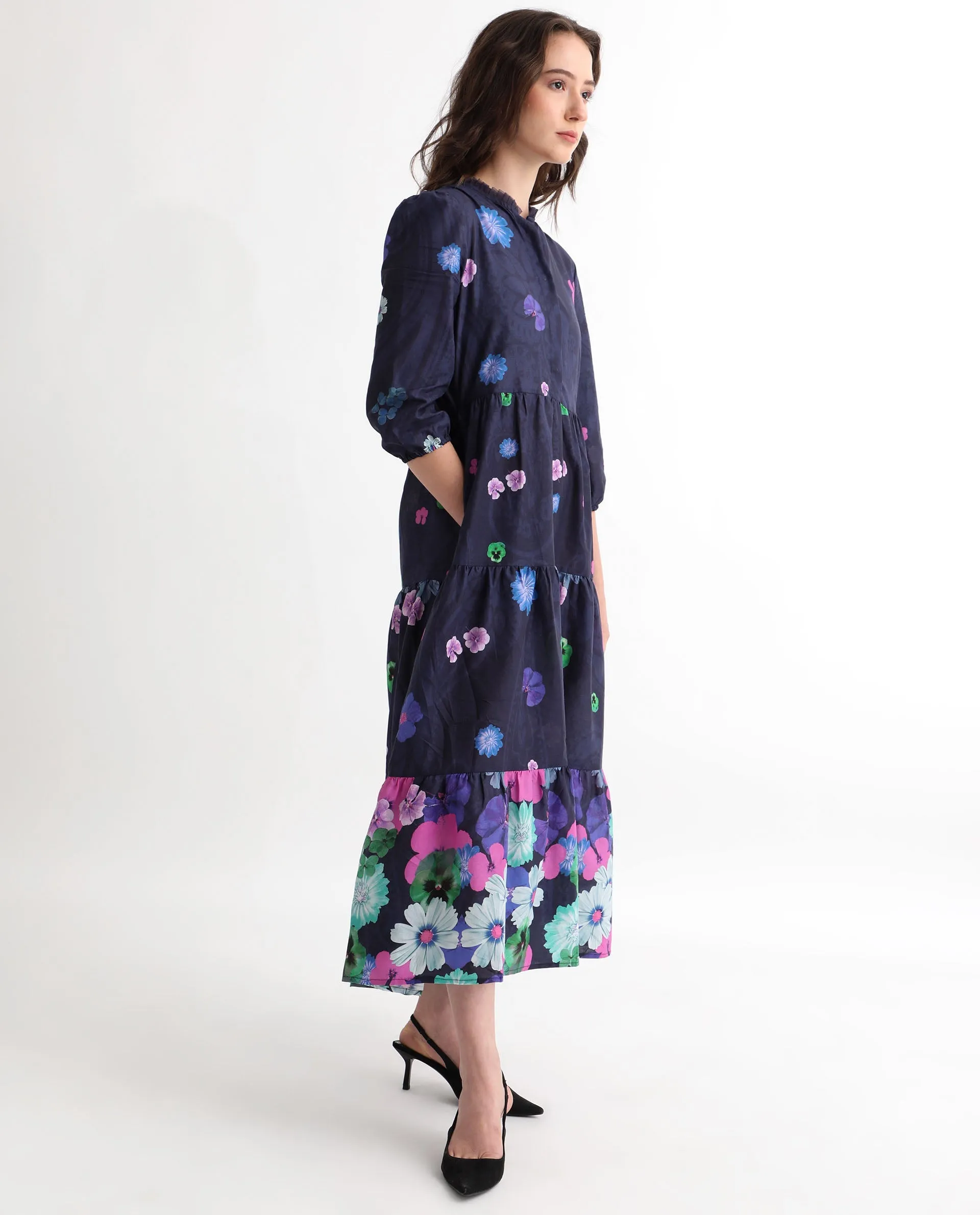 Rareism Women Ragen Navy Cotton Fabric Short Sleeves Button Closure High Neck Balloon Sleeve Regular Fit Floral Print Knee Length Tiered Dress