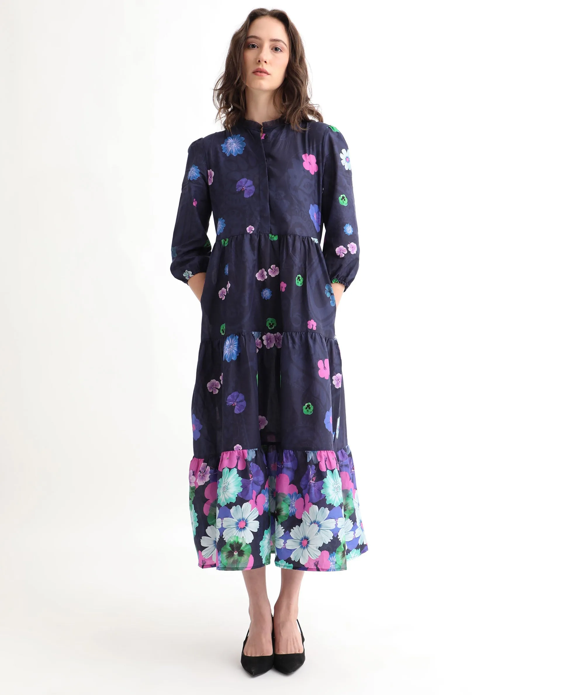 Rareism Women Ragen Navy Cotton Fabric Short Sleeves Button Closure High Neck Balloon Sleeve Regular Fit Floral Print Knee Length Tiered Dress