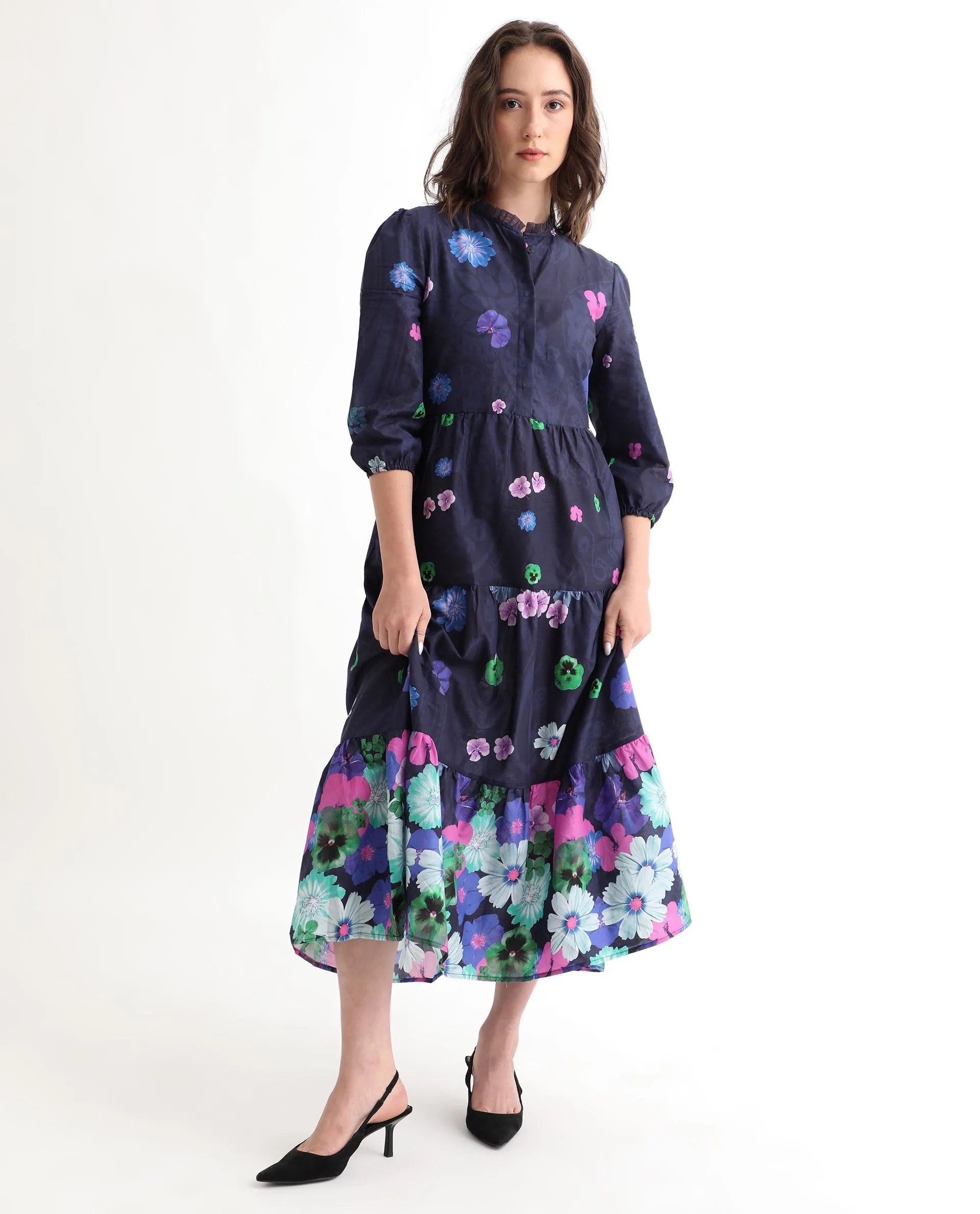 Rareism Women Ragen Navy Cotton Fabric Short Sleeves Button Closure High Neck Balloon Sleeve Regular Fit Floral Print Knee Length Tiered Dress