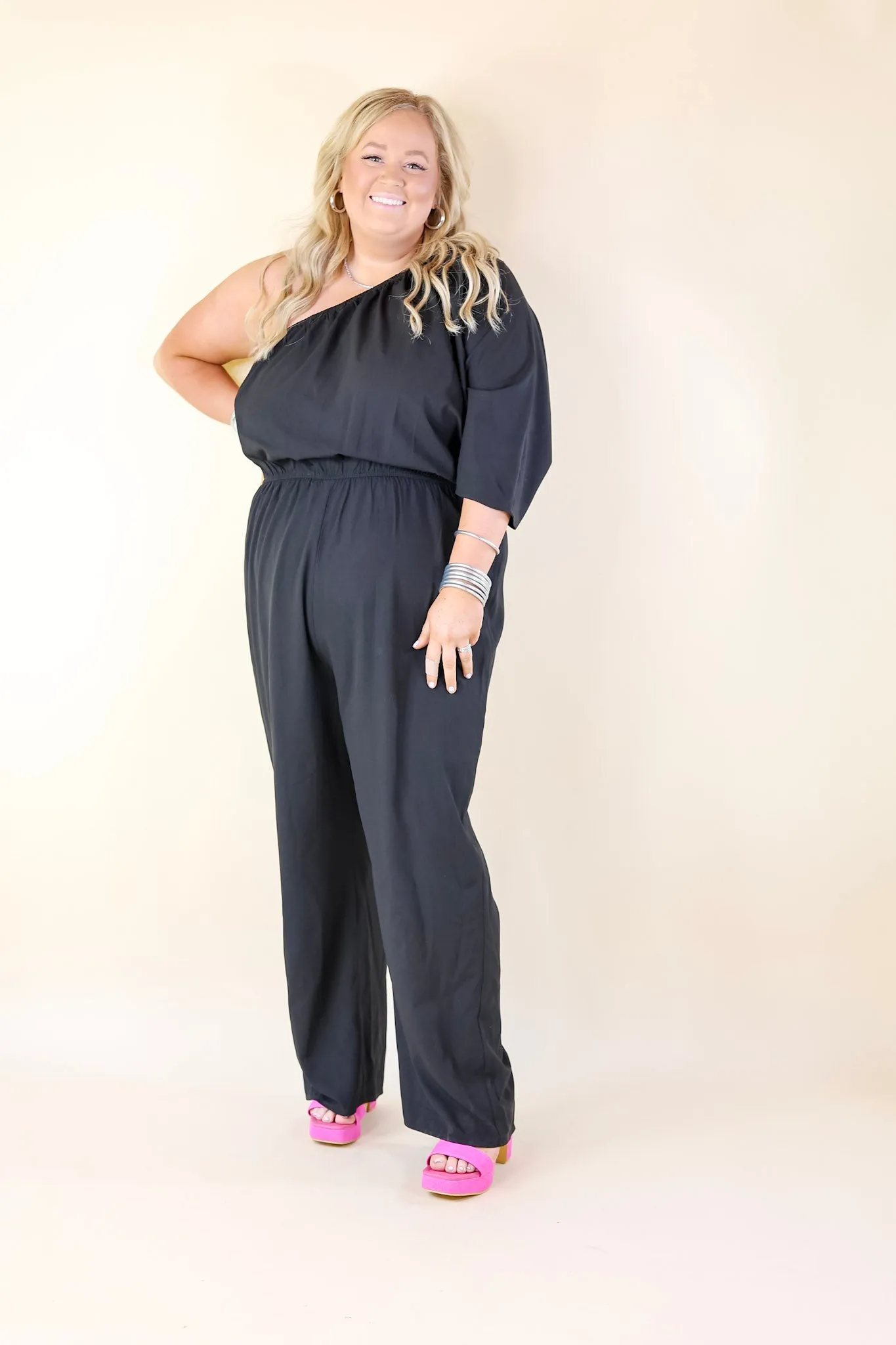 Ready To Wow One Shoulder Wide Leg Jumpsuit in Black