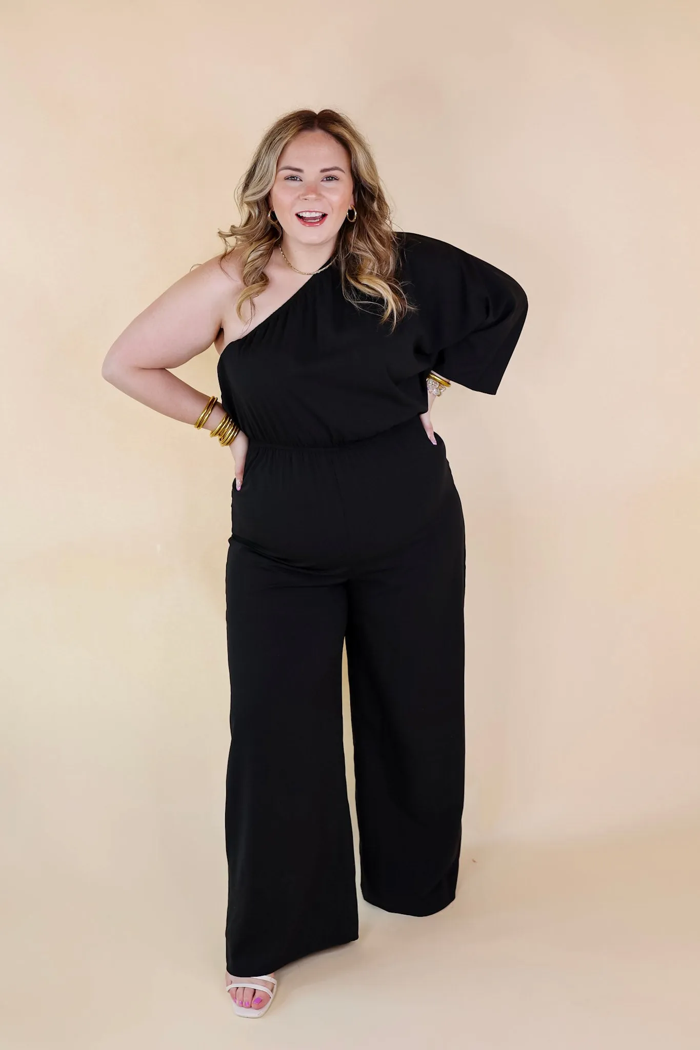 Ready To Wow One Shoulder Wide Leg Jumpsuit in Black