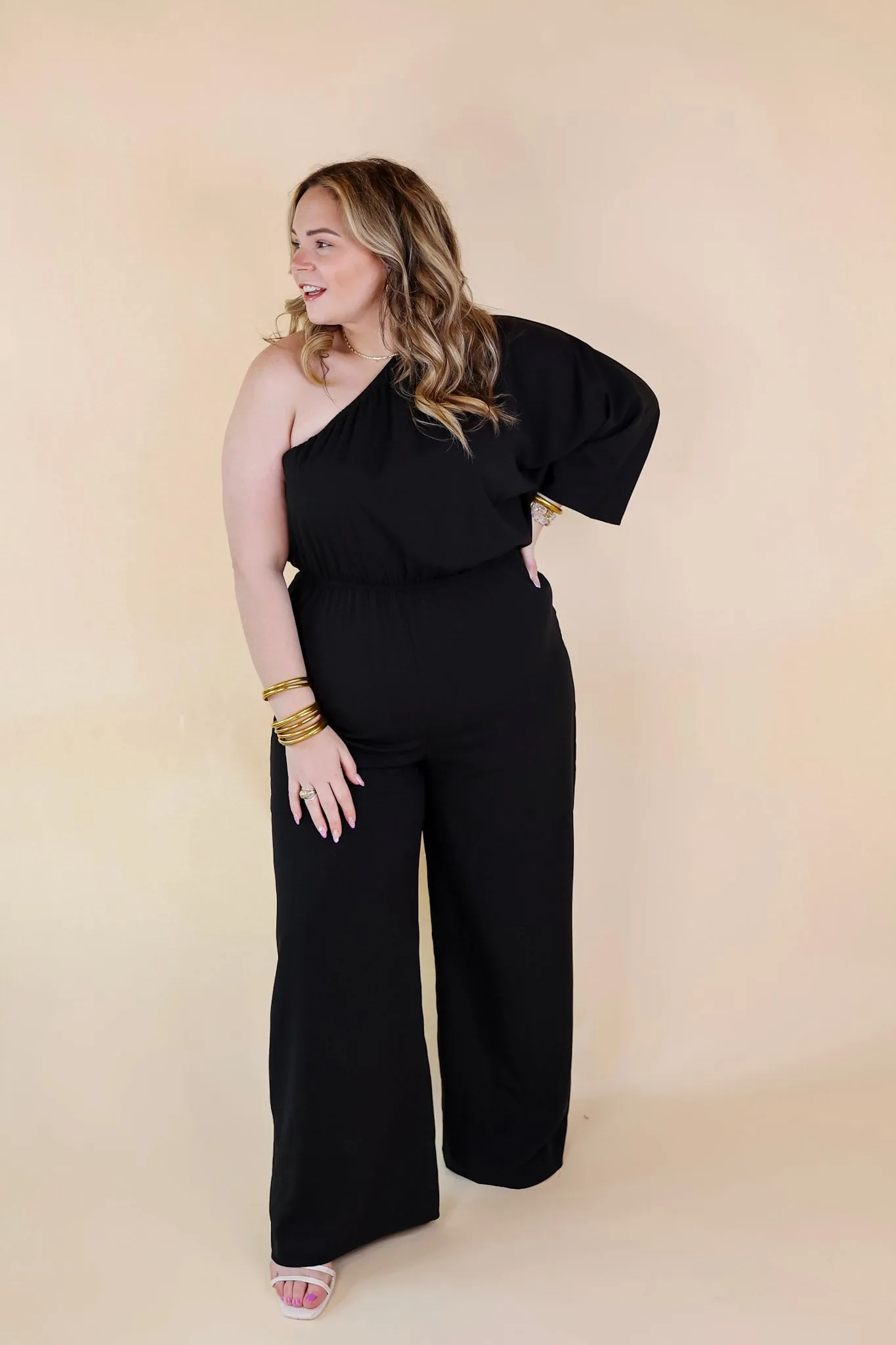 Ready To Wow One Shoulder Wide Leg Jumpsuit in Black