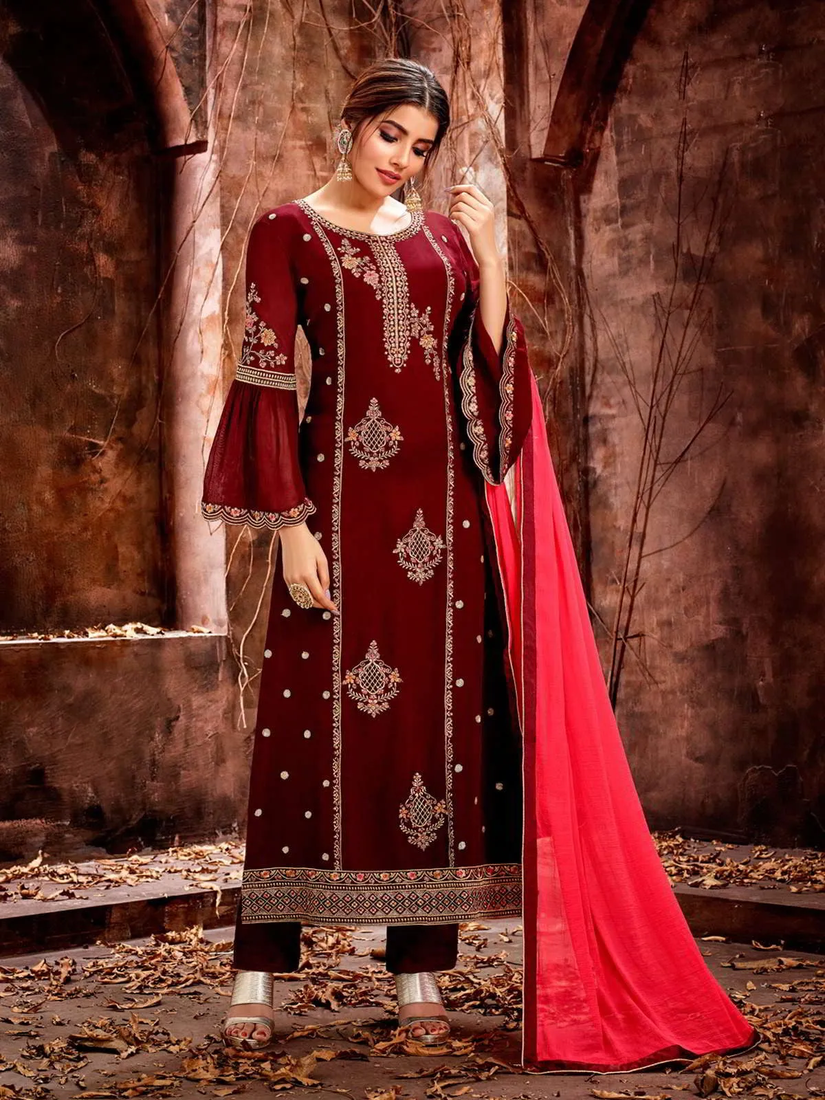 Red Over All Traditional Embroidered Pakistani Pant Suit