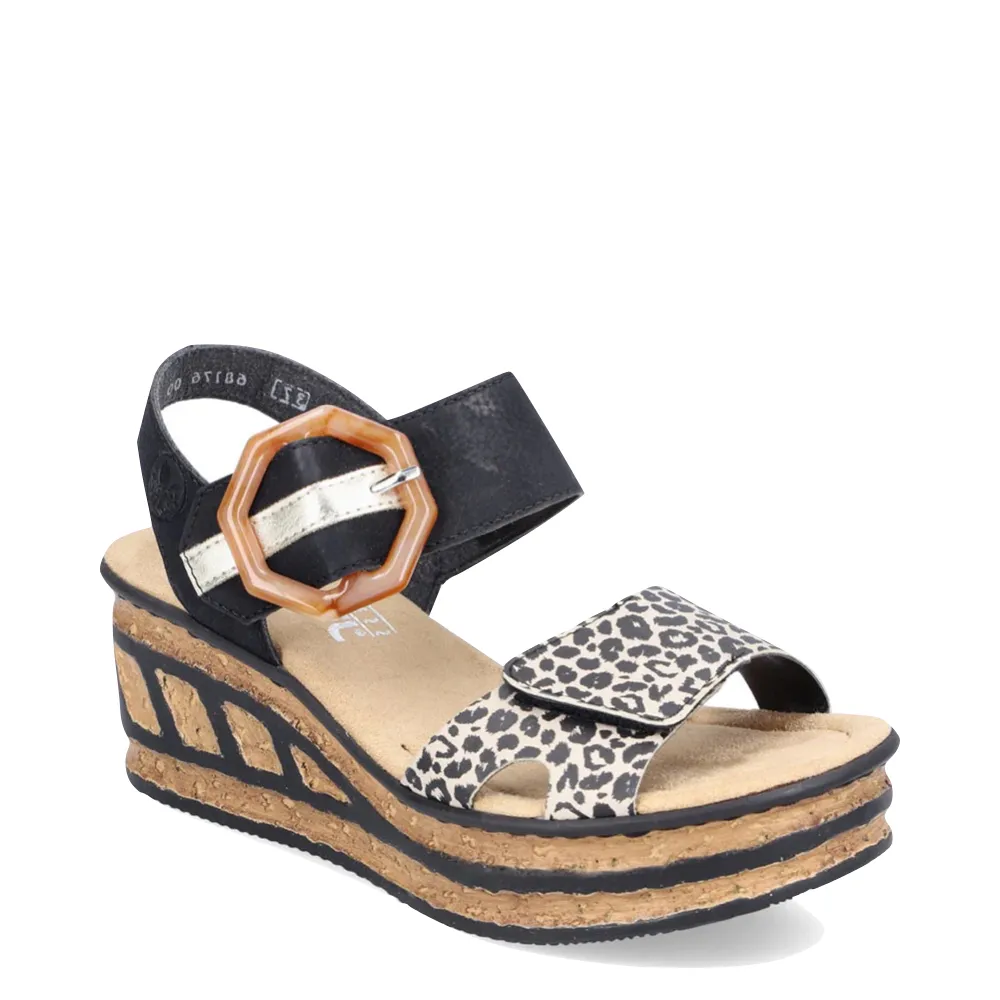 Rieker Women's Rose 76 Buckle Strap Wedge Sandal in Black Multi