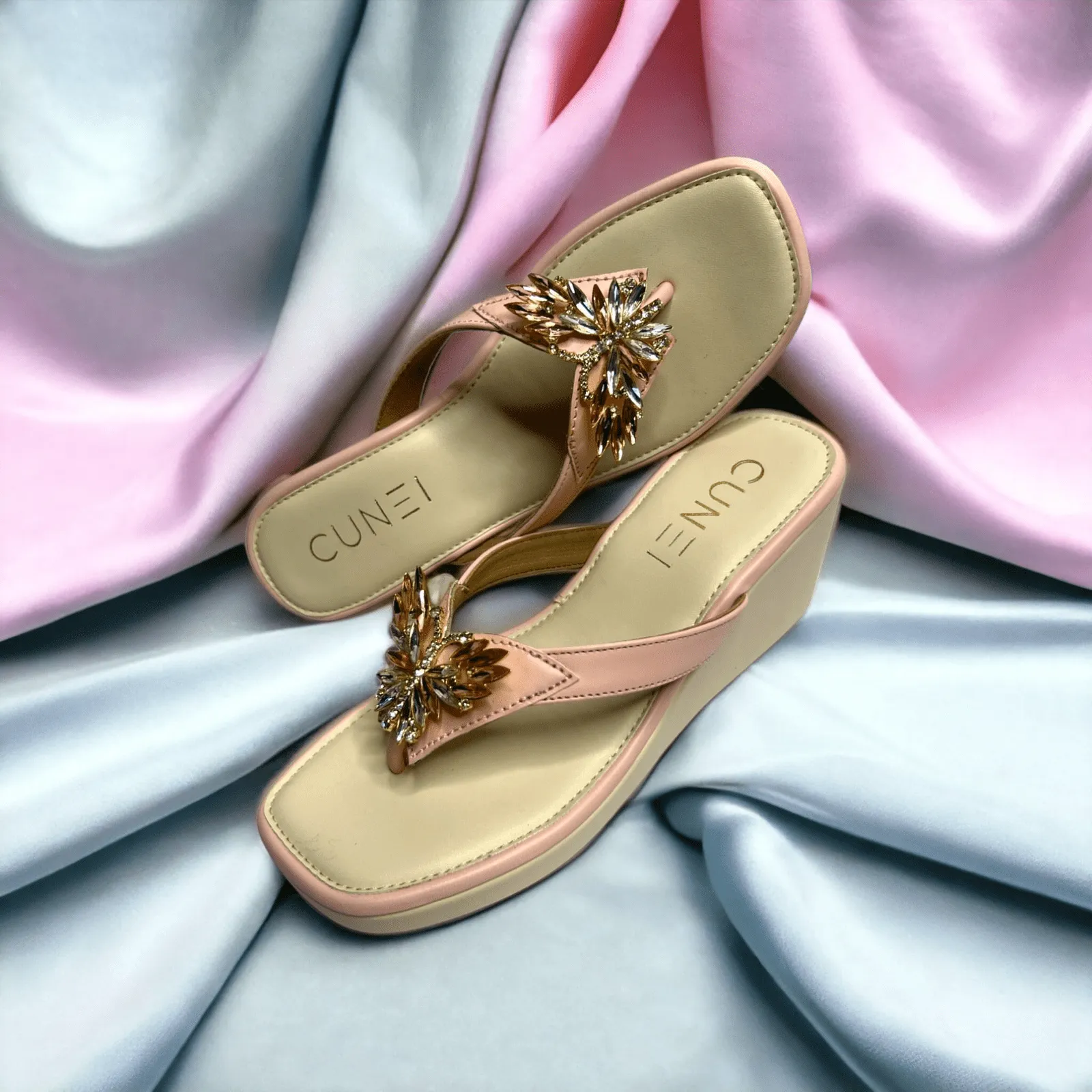 Salmon Pink Butterfly Jewelled Wedges