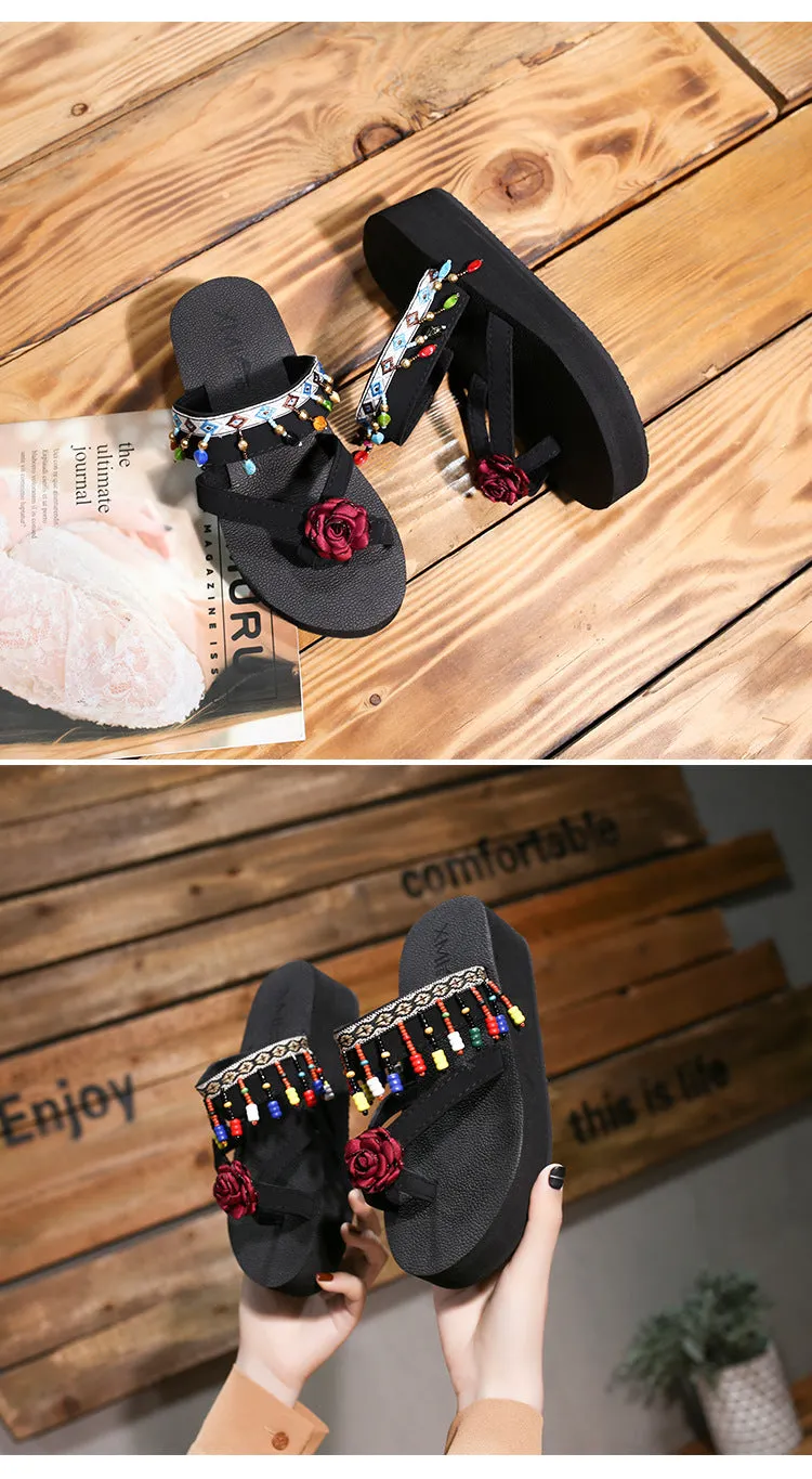 Set of Foot Flower Slippers Female Fashion Wedges Beach Shoes Sandals