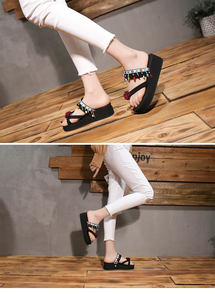 Set of Foot Flower Slippers Female Fashion Wedges Beach Shoes Sandals