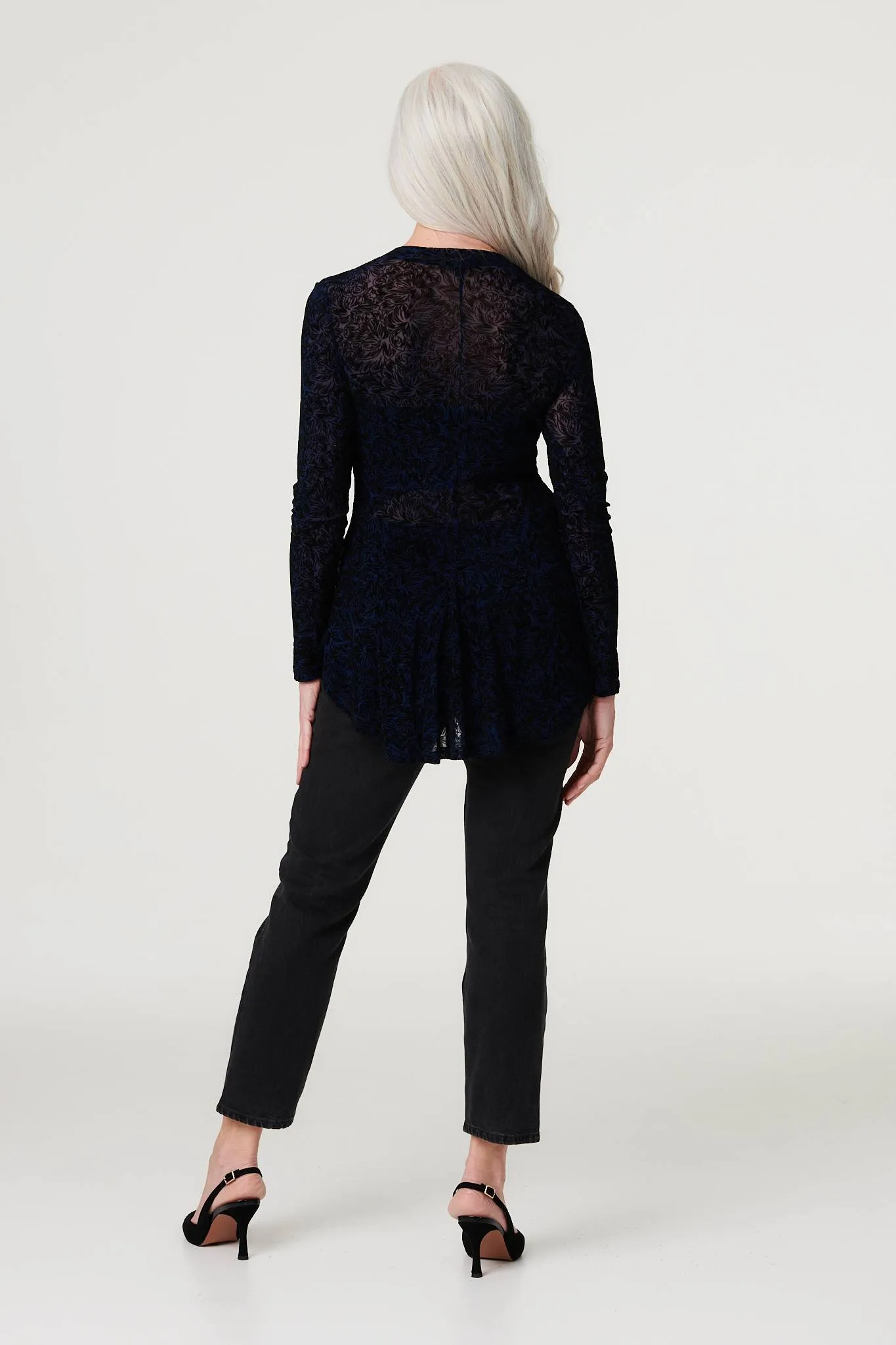 Sheer Lace Long Sleeve Peplum Top