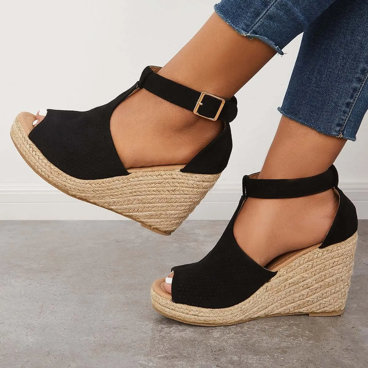 Sohiwoo Black Platform Espadrille Heel Wedges Ankle Strap Sandals