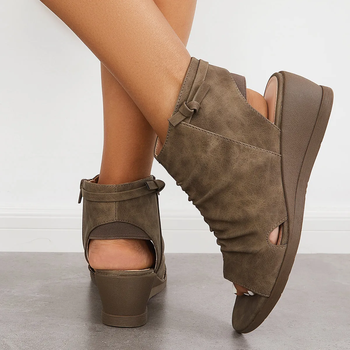 Sohiwoo Open Toe Slouchy Ruched Ankle Boots Wedge Sandals