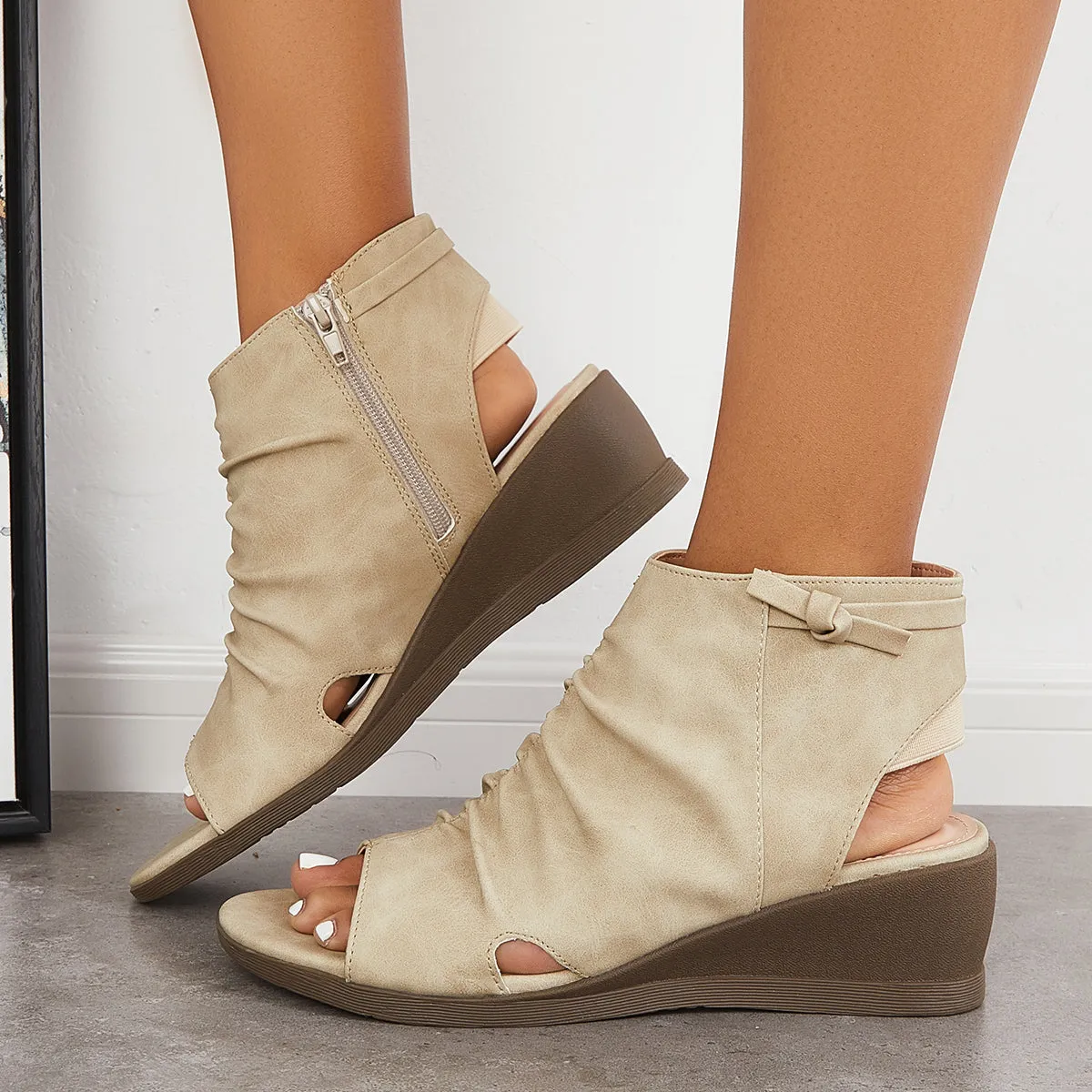 Sohiwoo Open Toe Slouchy Ruched Ankle Boots Wedge Sandals