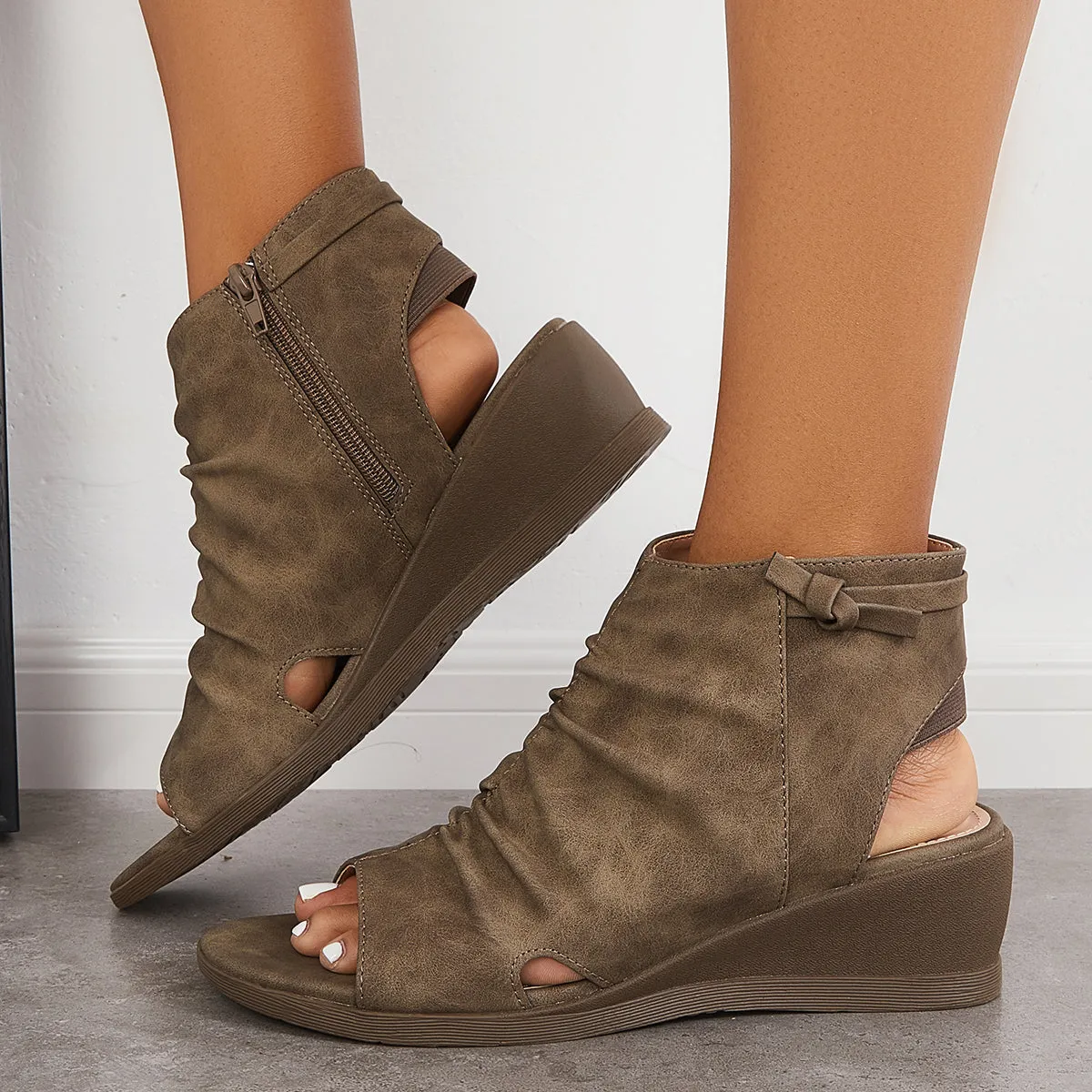 Sohiwoo Open Toe Slouchy Ruched Ankle Boots Wedge Sandals