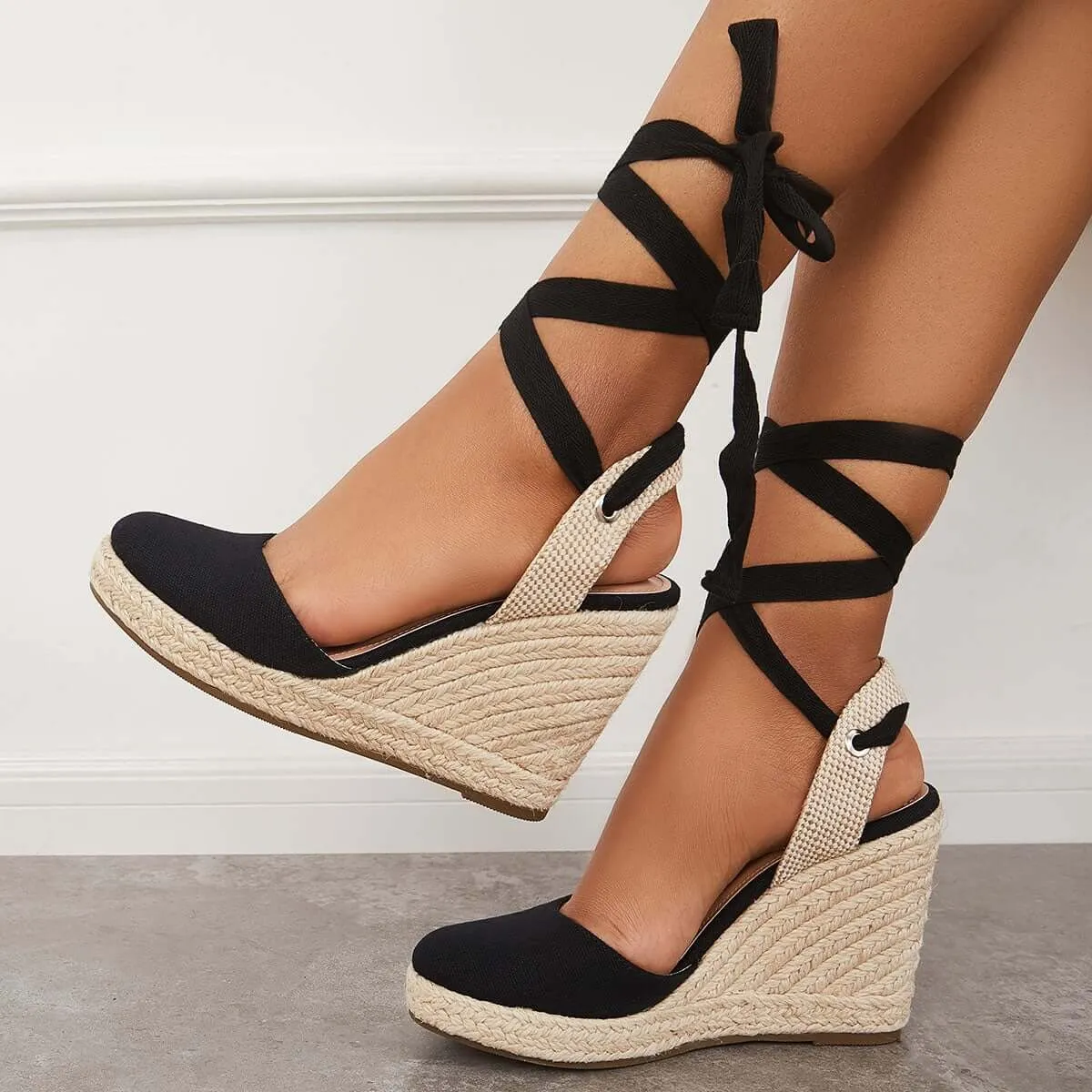 Sohiwoo Women Lace up Espadrille Wedges Platform Heel Singback Sandals