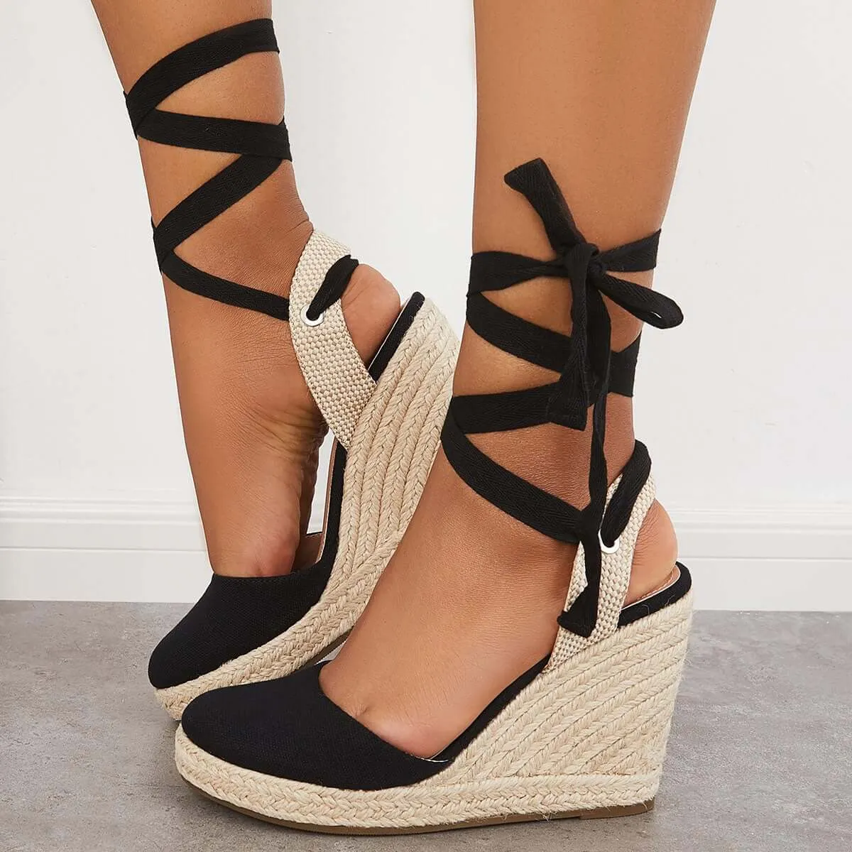 Sohiwoo Women Lace up Espadrille Wedges Platform Heel Singback Sandals