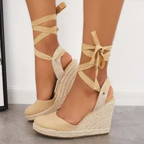 Sohiwoo Women Lace up Espadrille Wedges Platform Heel Singback Sandals