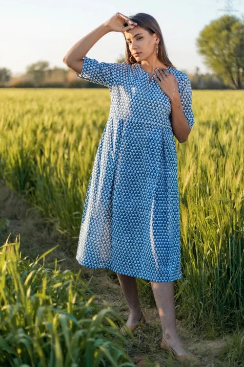 Sootisyahi 'Sea Blue' Azofree Handblock Printed Pure Cotton Dress