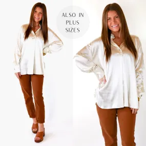 Start The Show Satin Long Sleeve Collared Top in Ivory