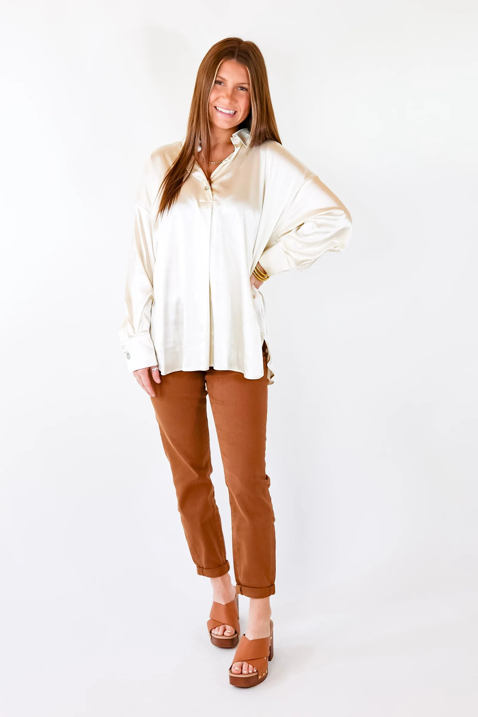 Start The Show Satin Long Sleeve Collared Top in Ivory