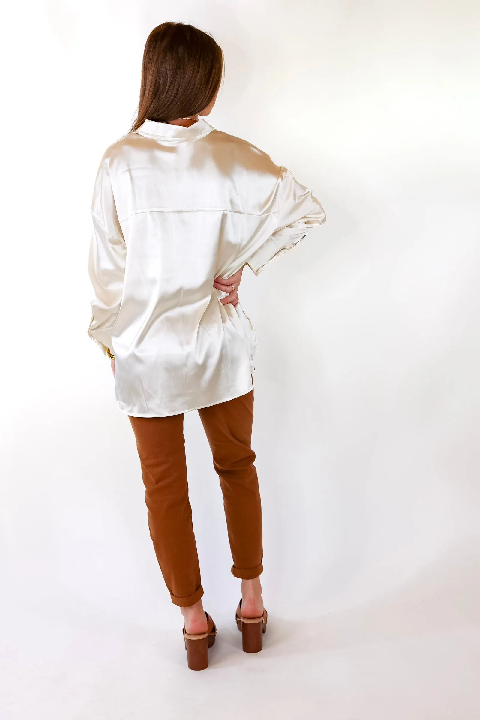 Start The Show Satin Long Sleeve Collared Top in Ivory