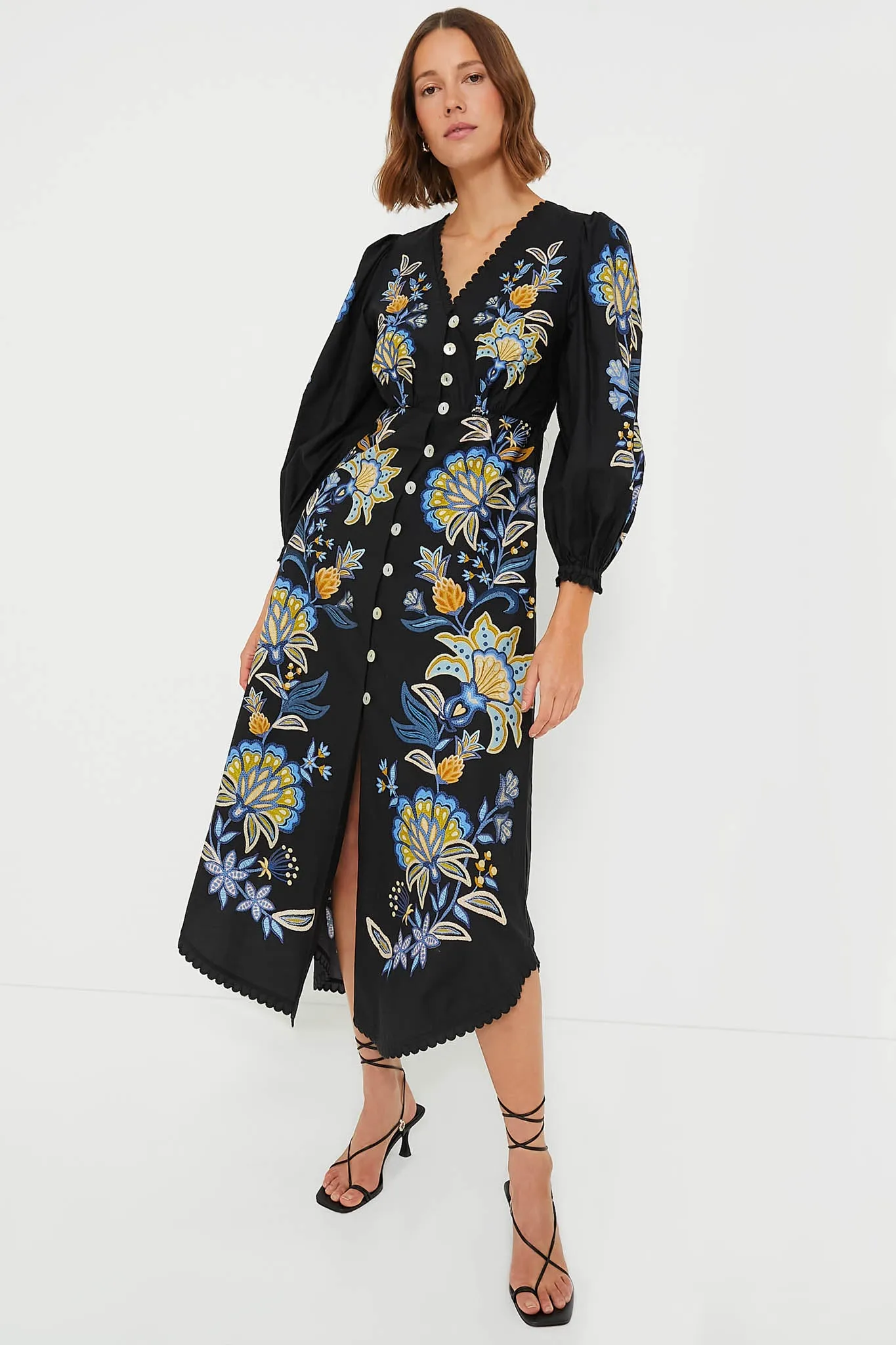 Stitched Garden Black Midi Dress