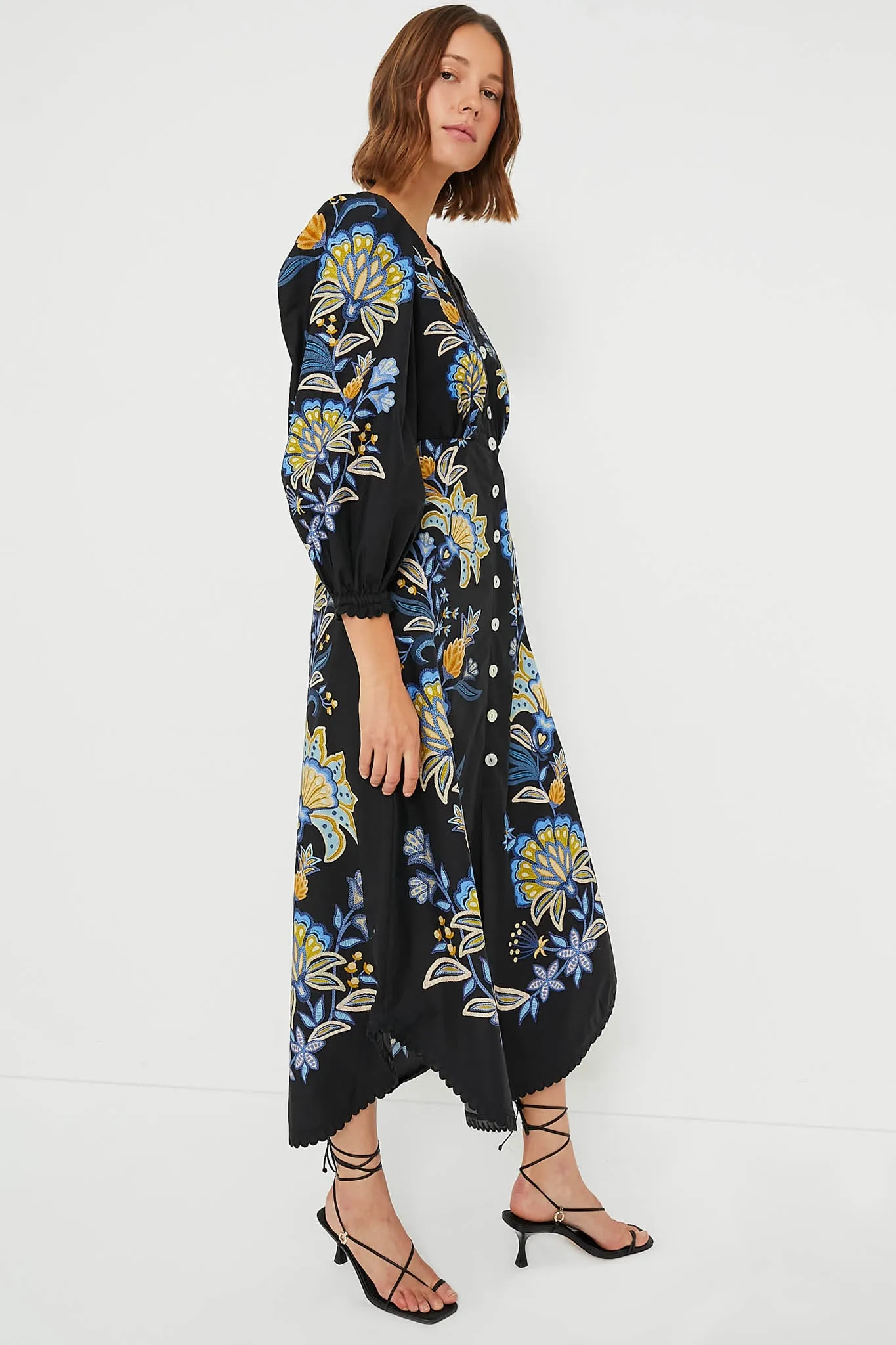 Stitched Garden Black Midi Dress