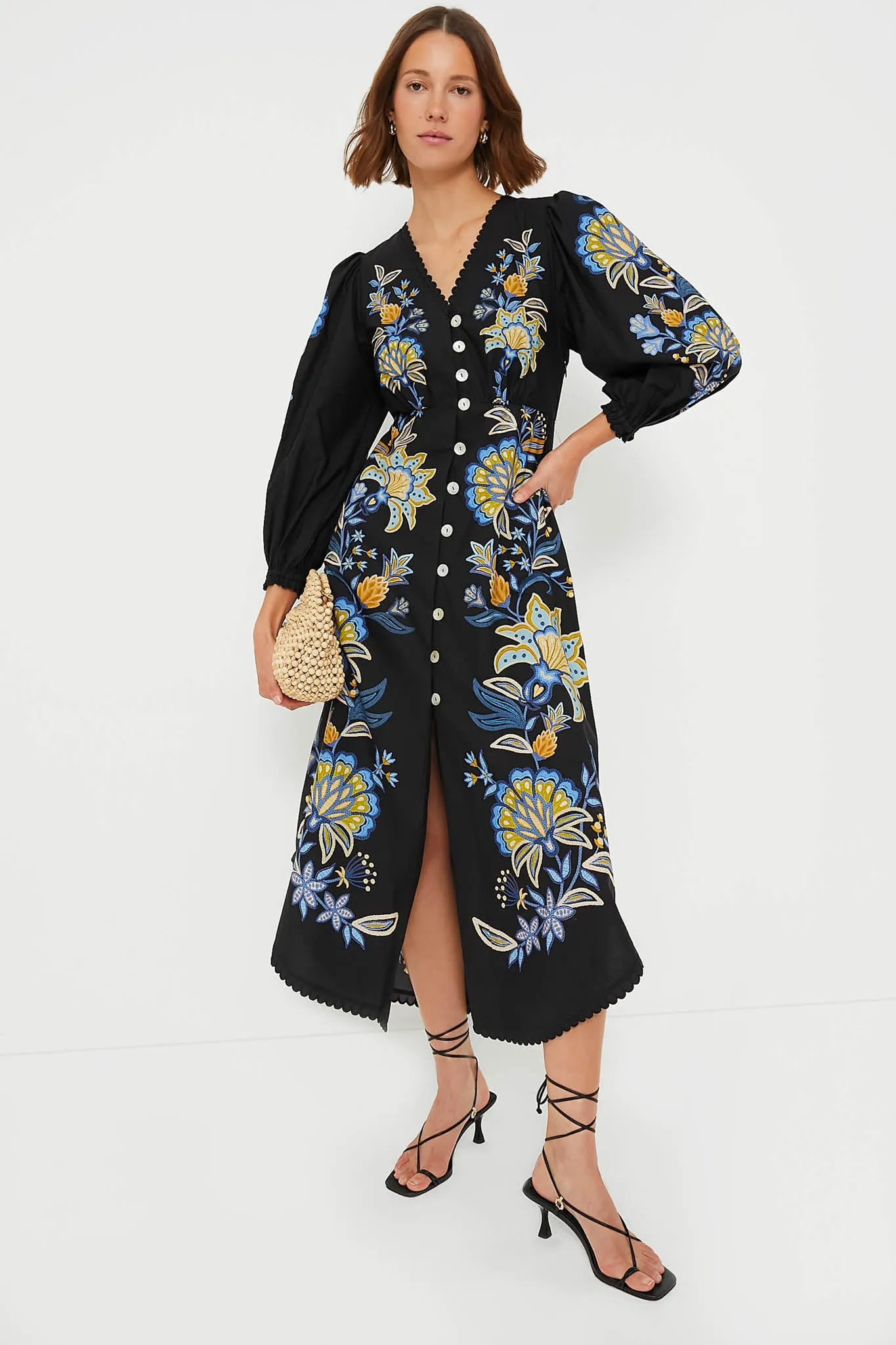 Stitched Garden Black Midi Dress