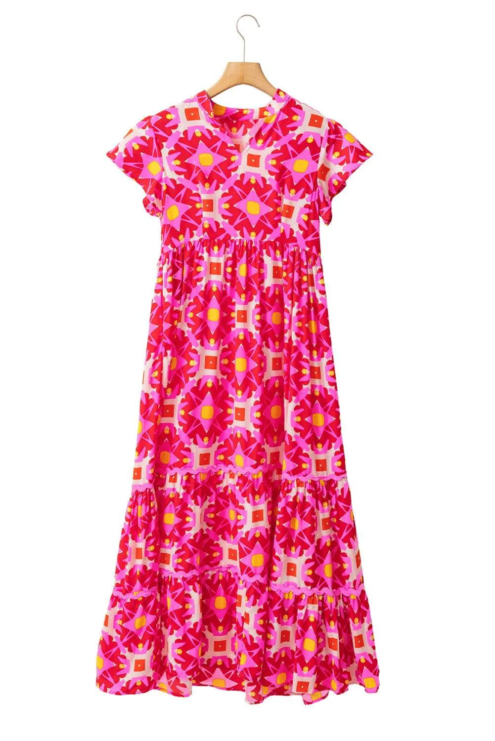 Strawberry Pink Abstract Print Pleated Flounce Sleeve Maxi Dress