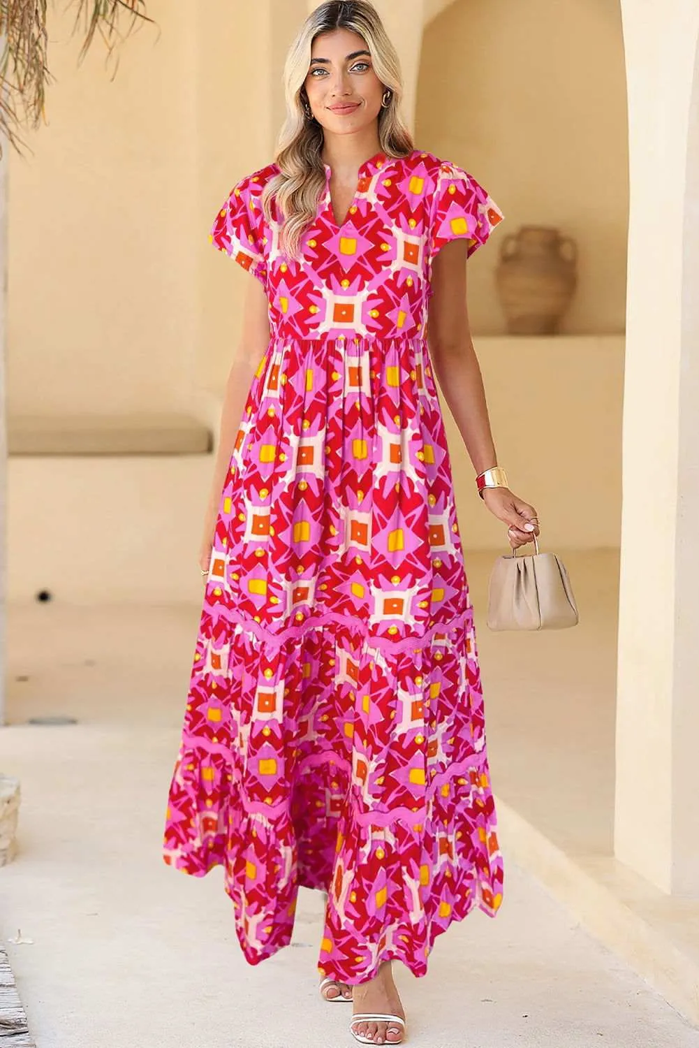 Strawberry Pink Abstract Print Pleated Flounce Sleeve Maxi Dress