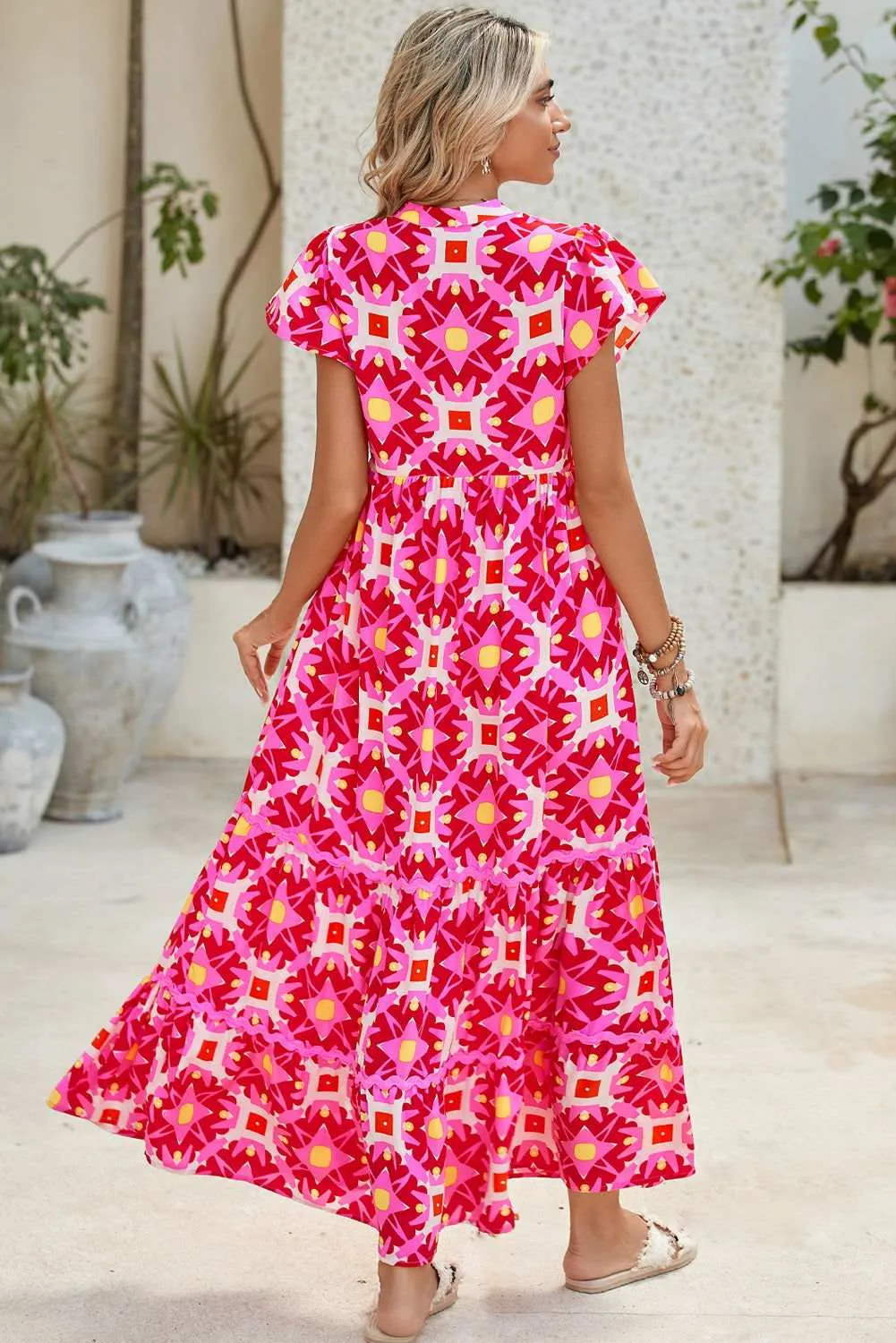 Strawberry Pink Abstract Print Pleated Flounce Sleeve Maxi Dress