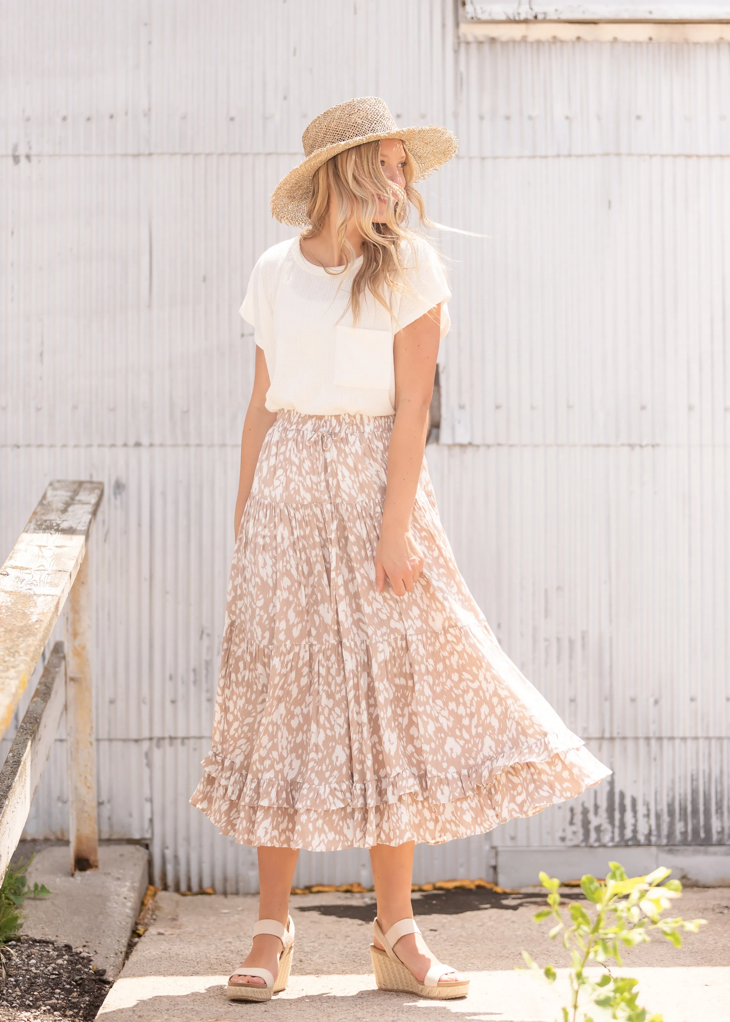 Tan Tiered Midi Skirt