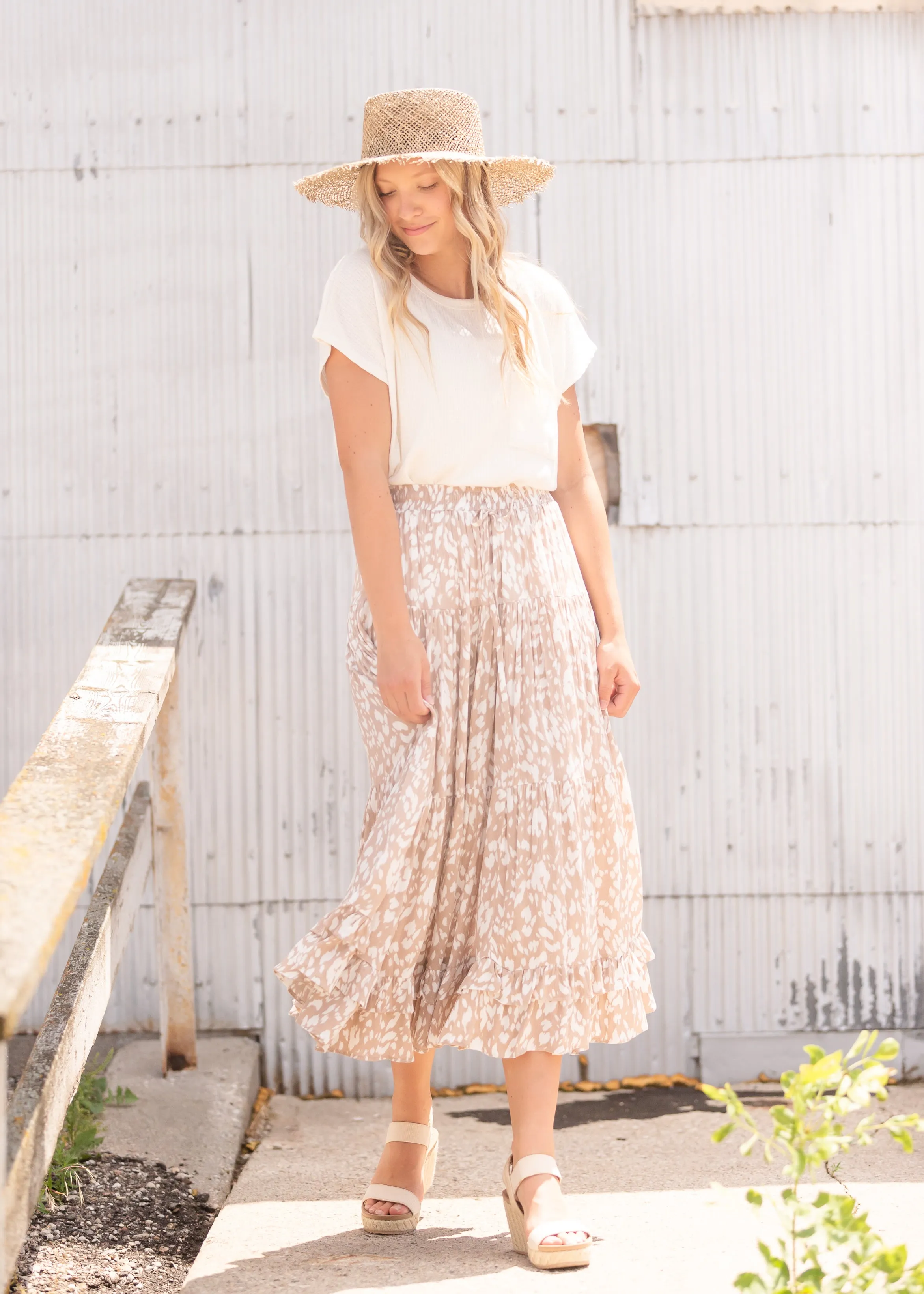 Tan Tiered Midi Skirt