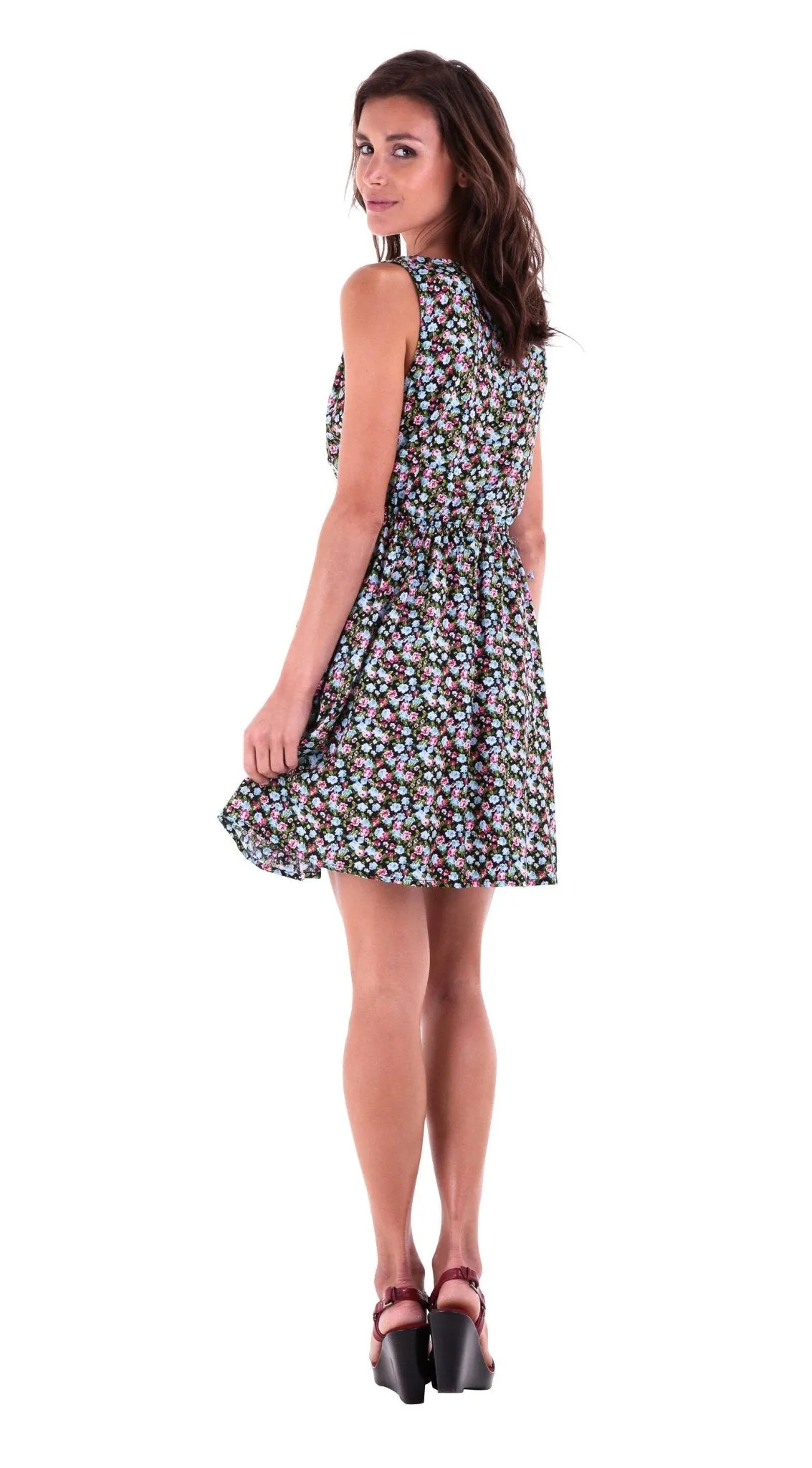 Tegan Floral Vintage Flower Design Sleeveless Sundress Knee Length