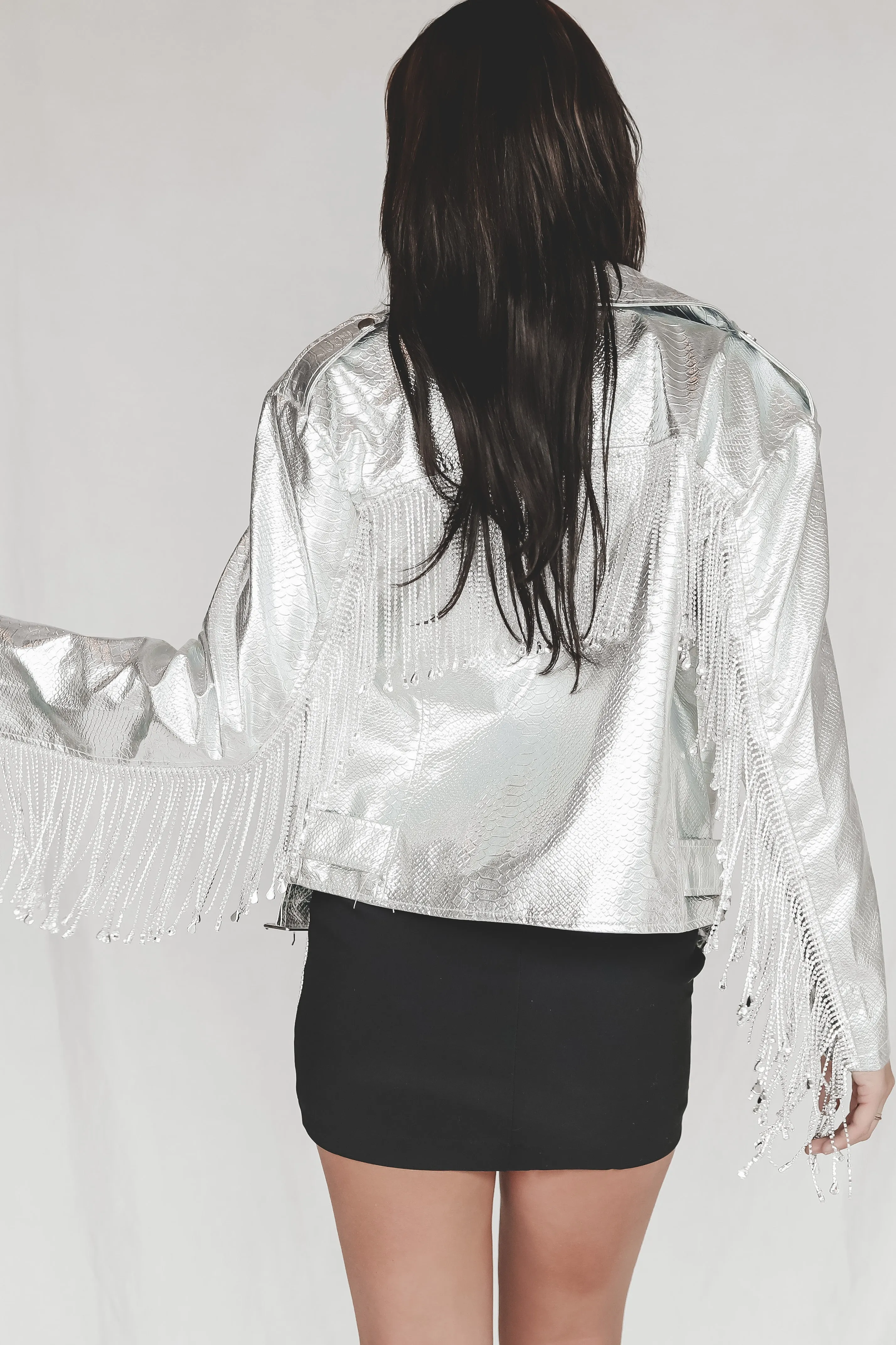 The Stage Is Ready Silver Rhinestone Fringe Leather Jacket