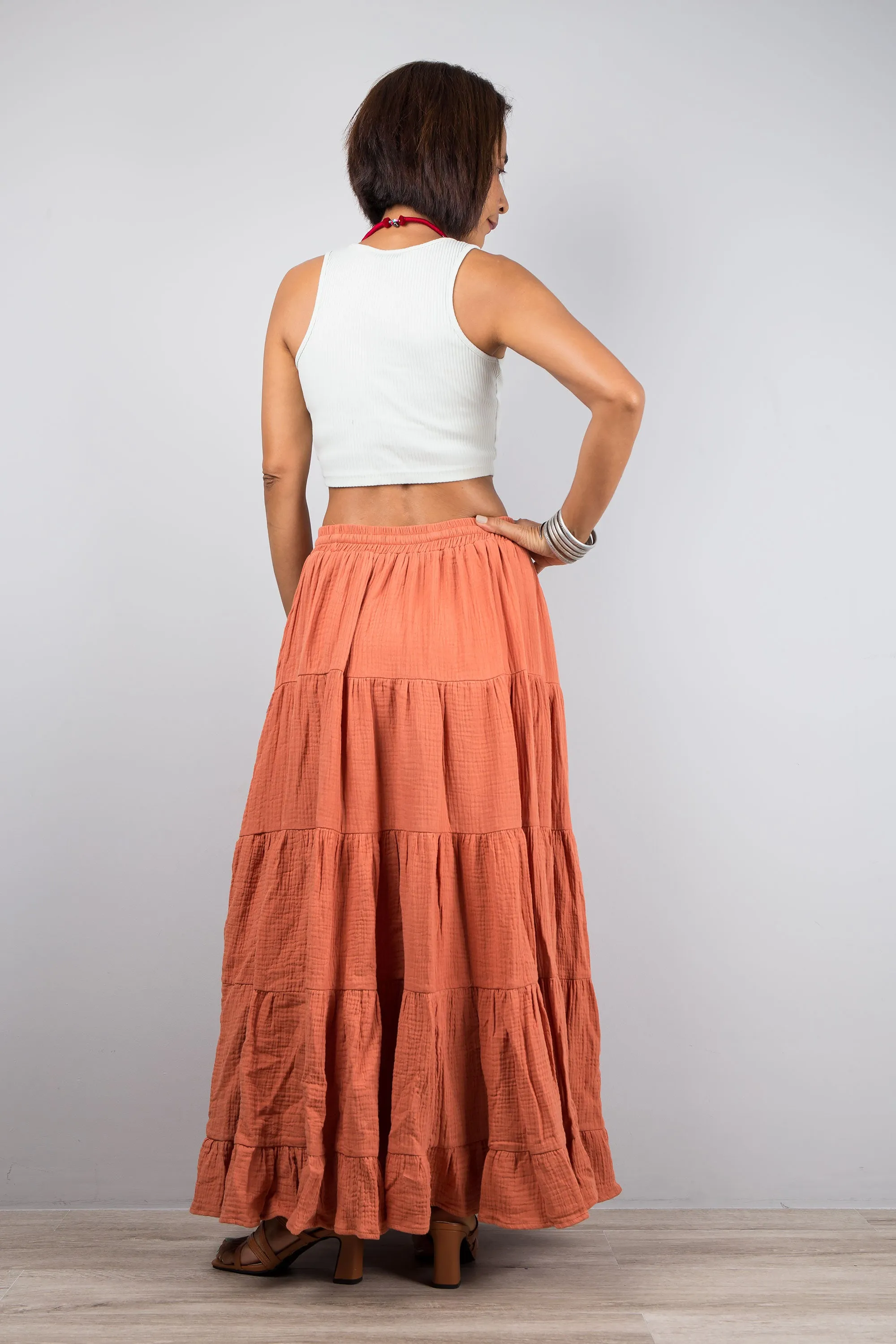 Tiered orange peasant maxi skirt