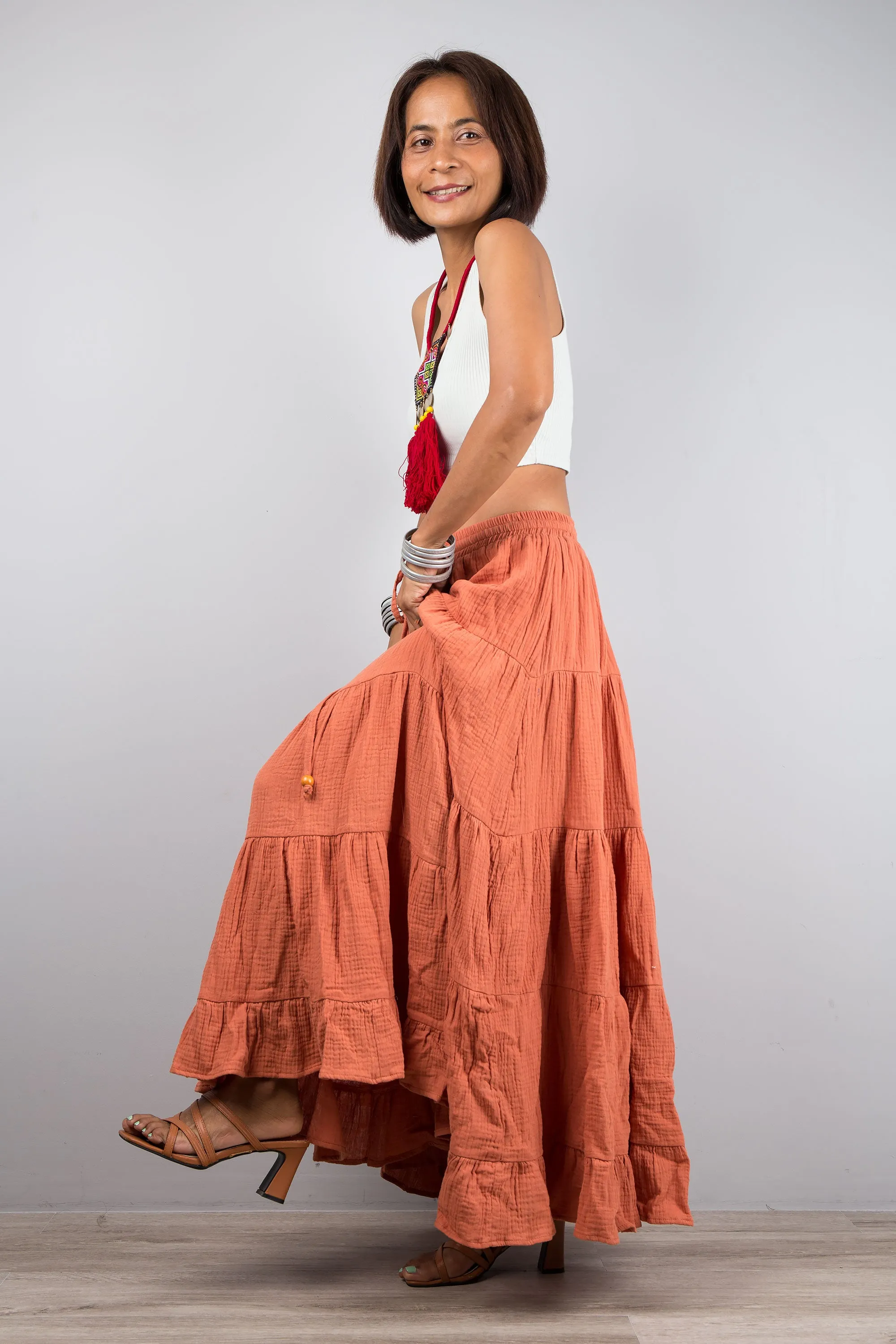 Tiered orange peasant maxi skirt