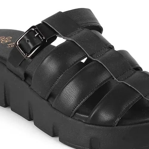 tresmode MAXIMUS Women's Wedges Sandals Platform Heels Black, 5 UK / 38 EU - Round Toe Chunky Sole Stylish Comfortable Soft Footwear